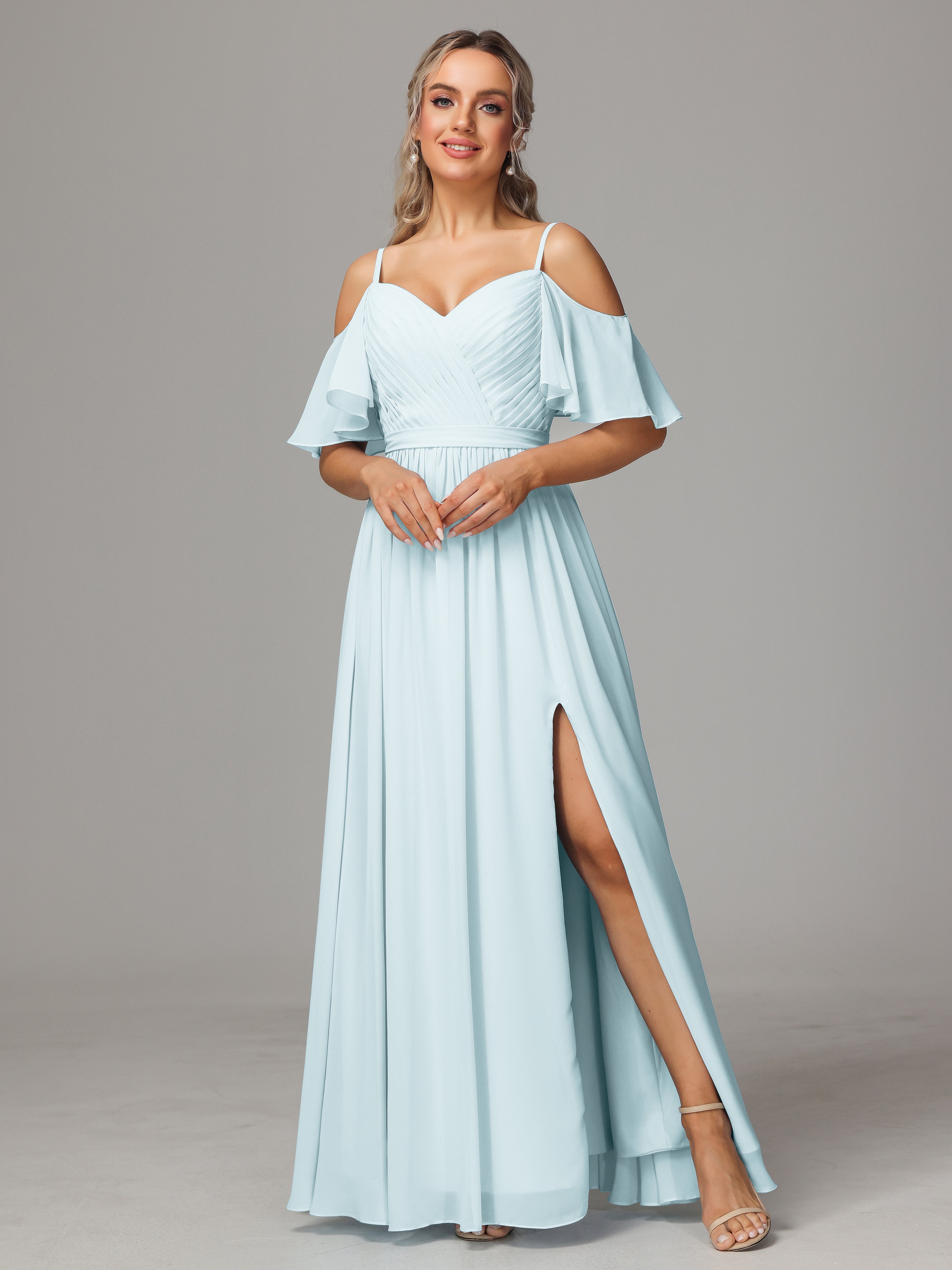 Robe De Demoiselle D'Honneur Brume Fendue Trapèze Mousseline Longue Robes Demoiselle D'Honneur Avec Plissé