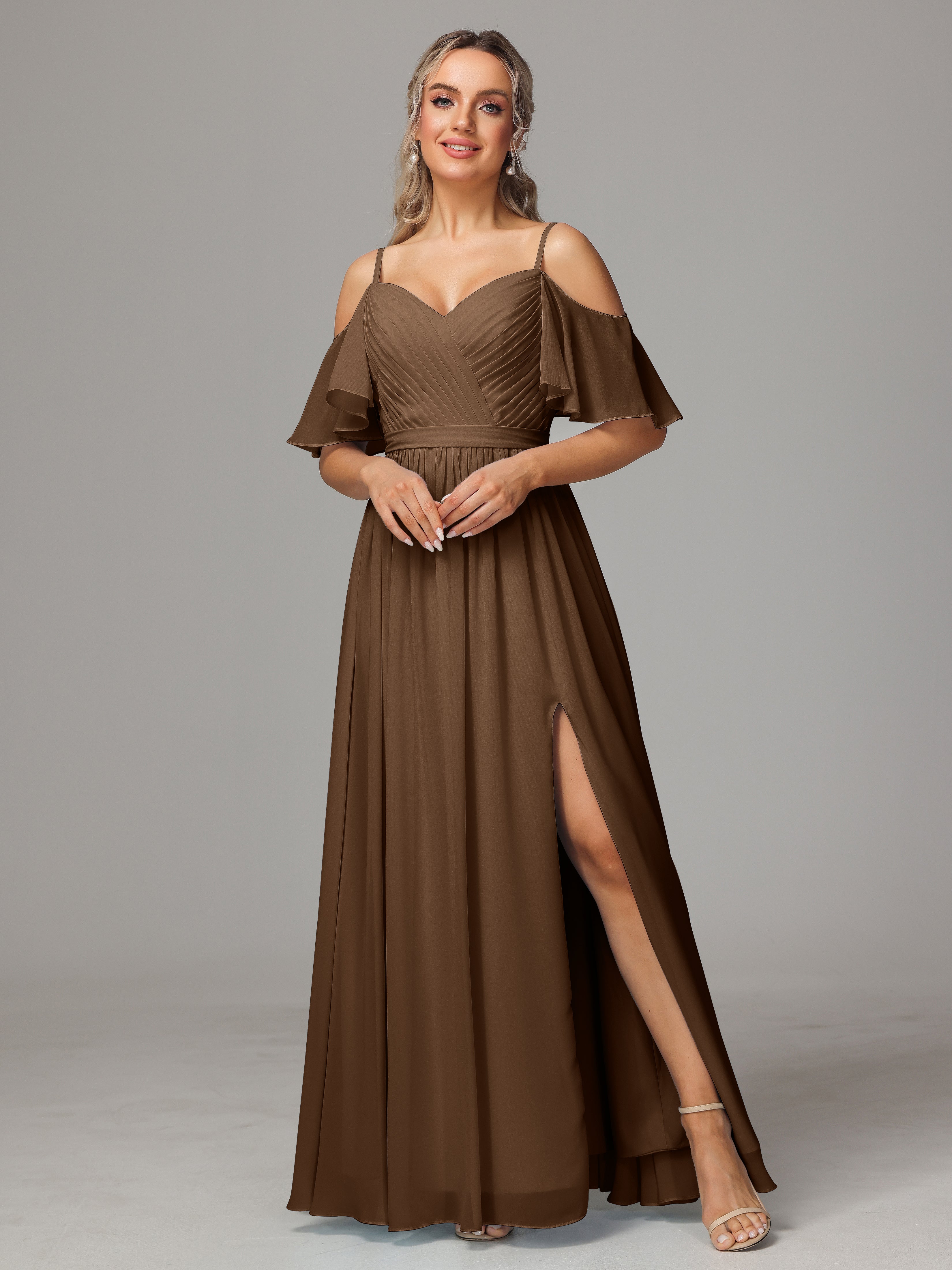 Robes De Demoiselle D'Honneur Brun Fendue Trapèze Mousseline Longue Robes Demoiselle D'Honneur Avec Plissé