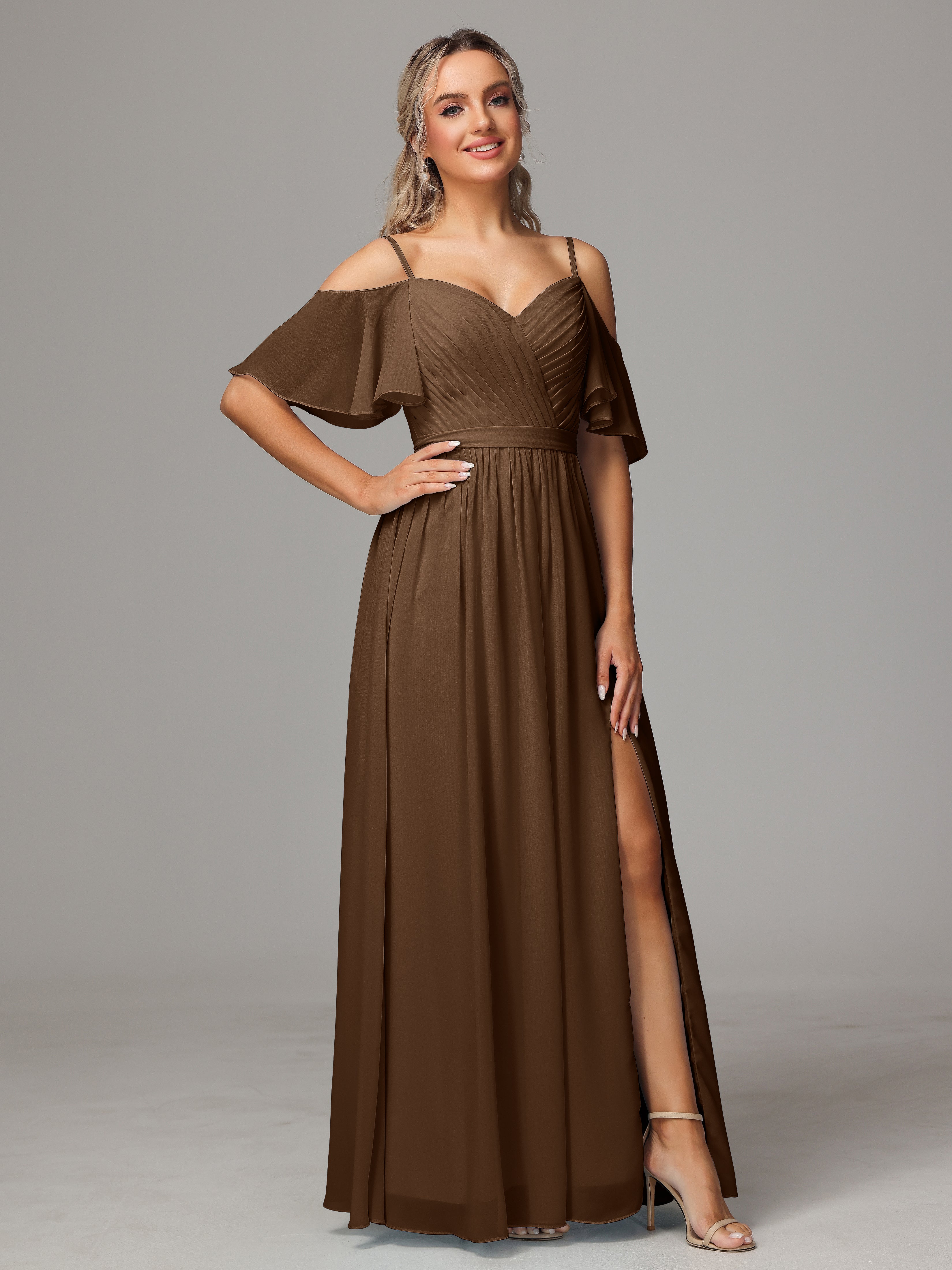 Robes De Demoiselle D'Honneur Brun Fendue Trapèze Mousseline Longue Robes Demoiselle D'Honneur Avec Plissé