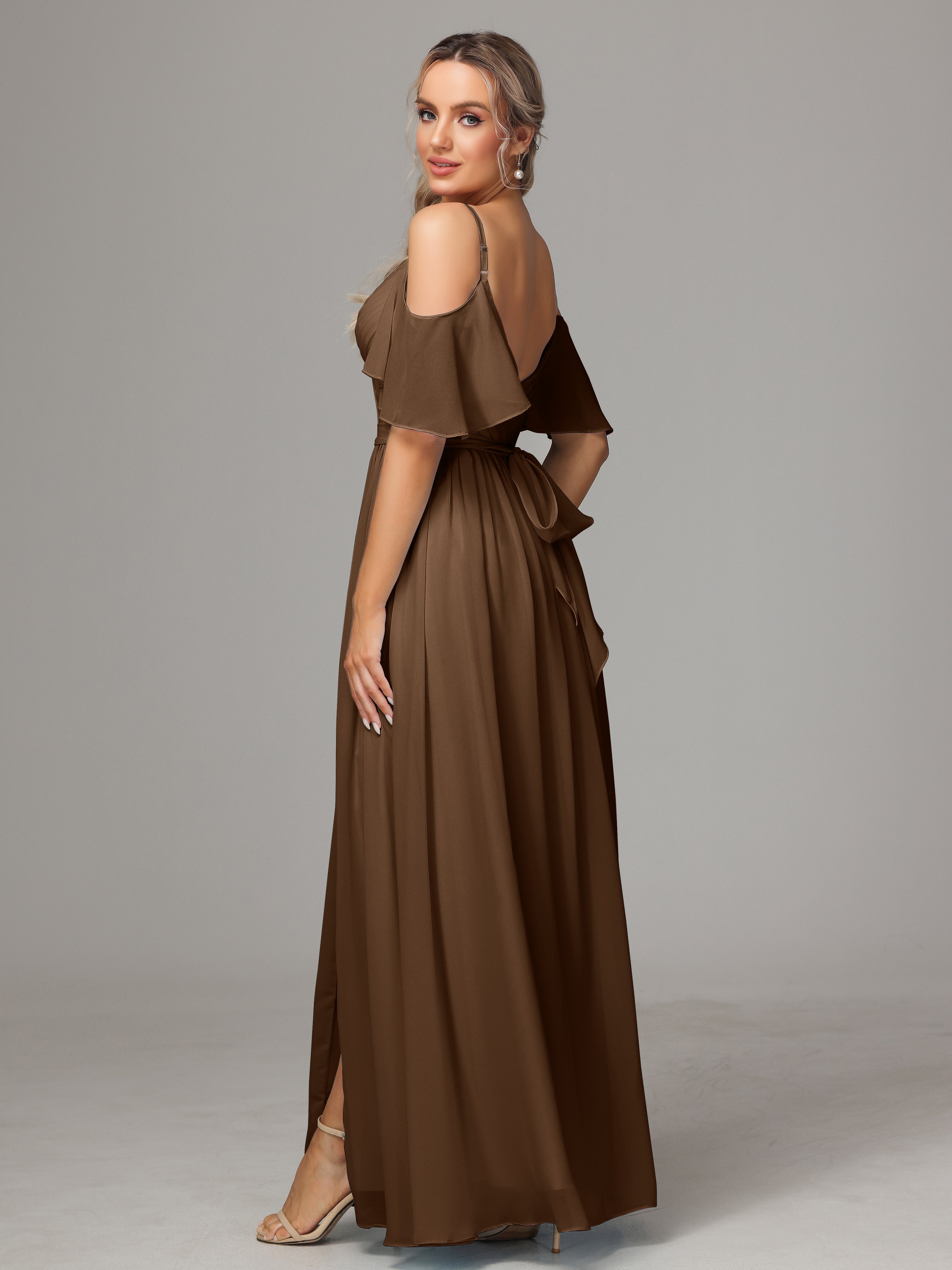 Robes De Demoiselle D'Honneur Brun Fendue Trapèze Mousseline Longue Robes Demoiselle D'Honneur Avec Plissé