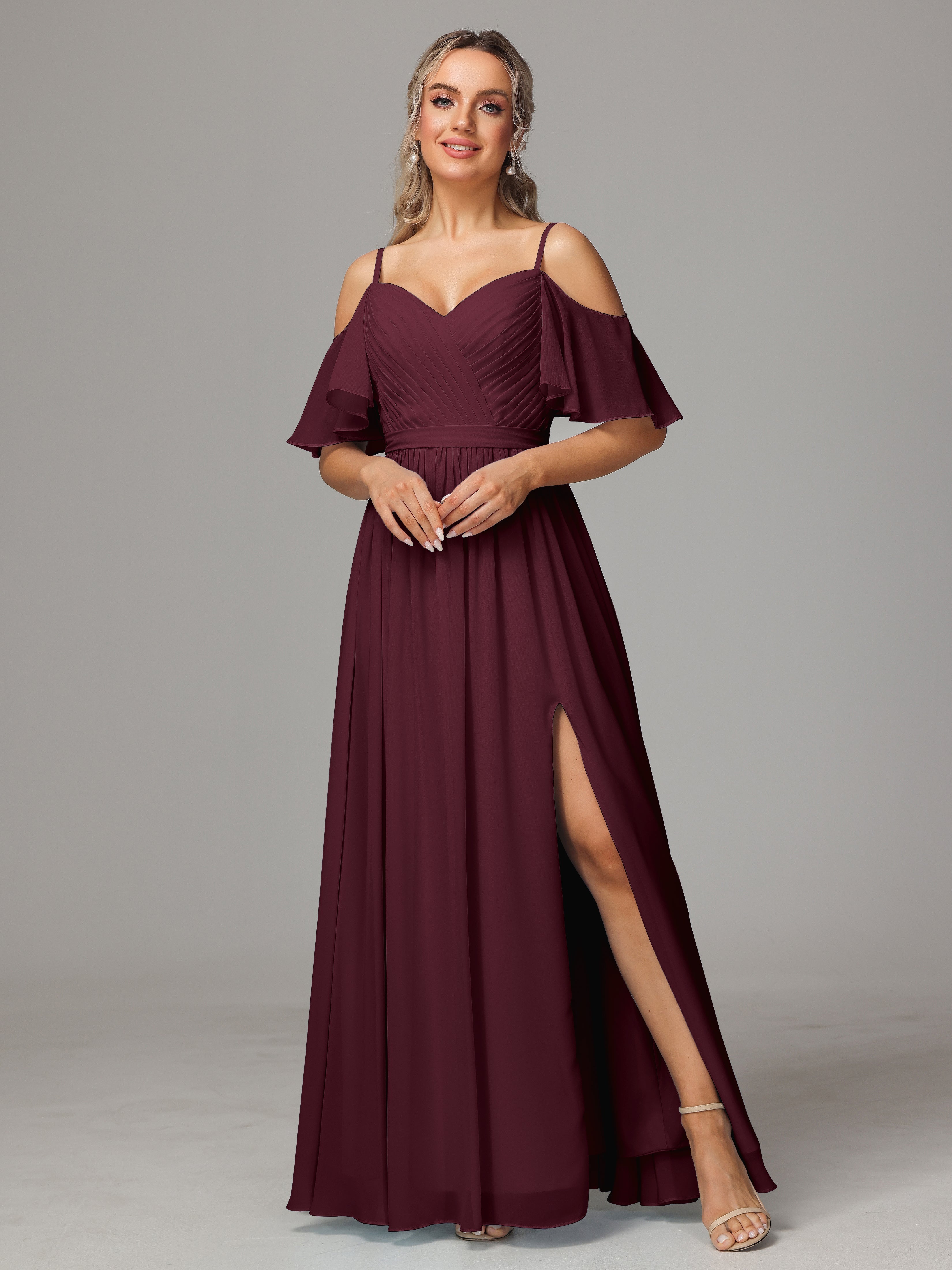 Robes De Demoiselle D'Honneur Cabernet Fendue Trapèze Mousseline Longue Robes Demoiselle D'Honneur Avec Plissé