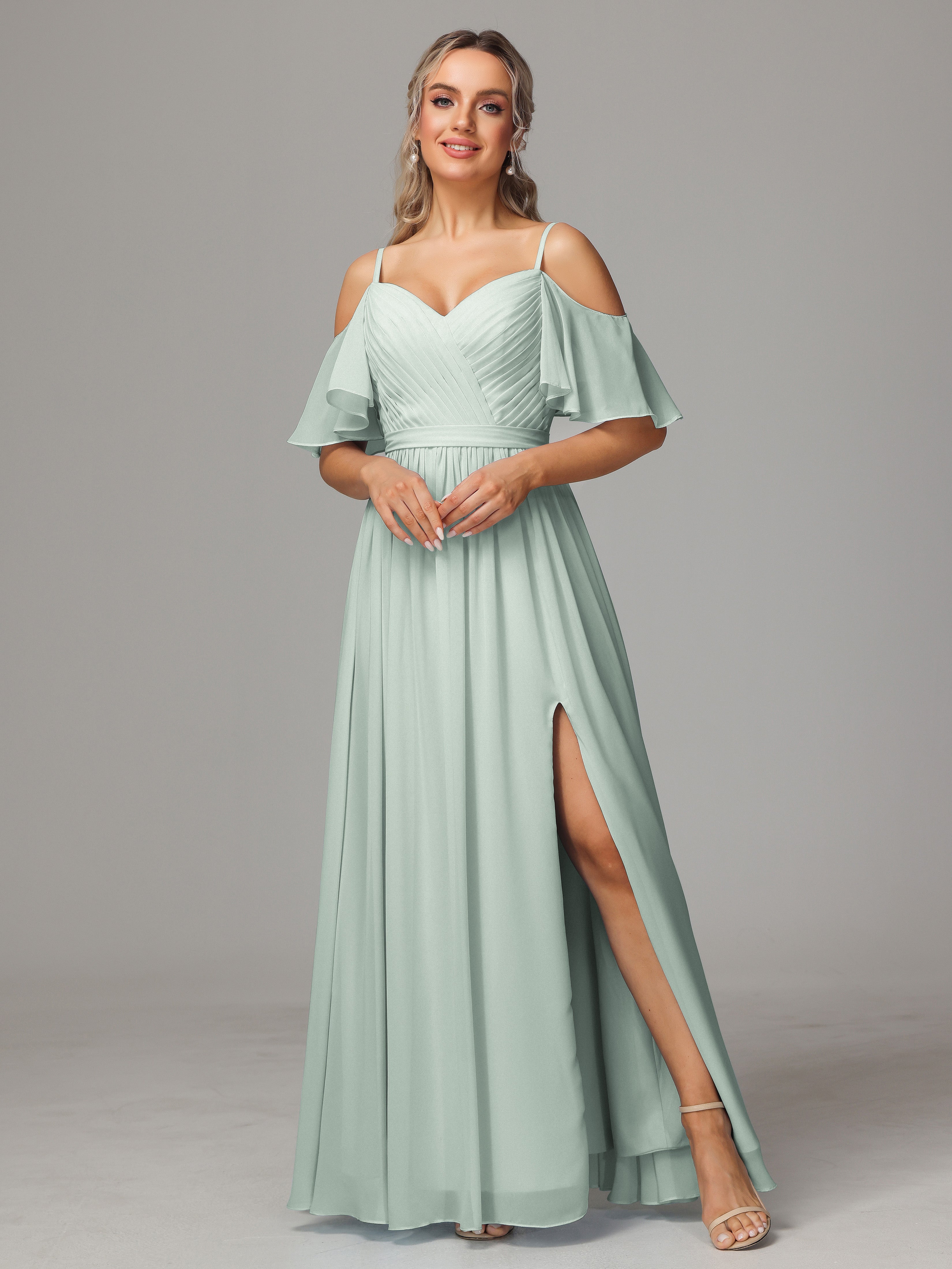 Robe Demoiselle D Honneur Celadon Fendue Trapèze Mousseline Longue Robes Demoiselle D'Honneur Avec Plissé