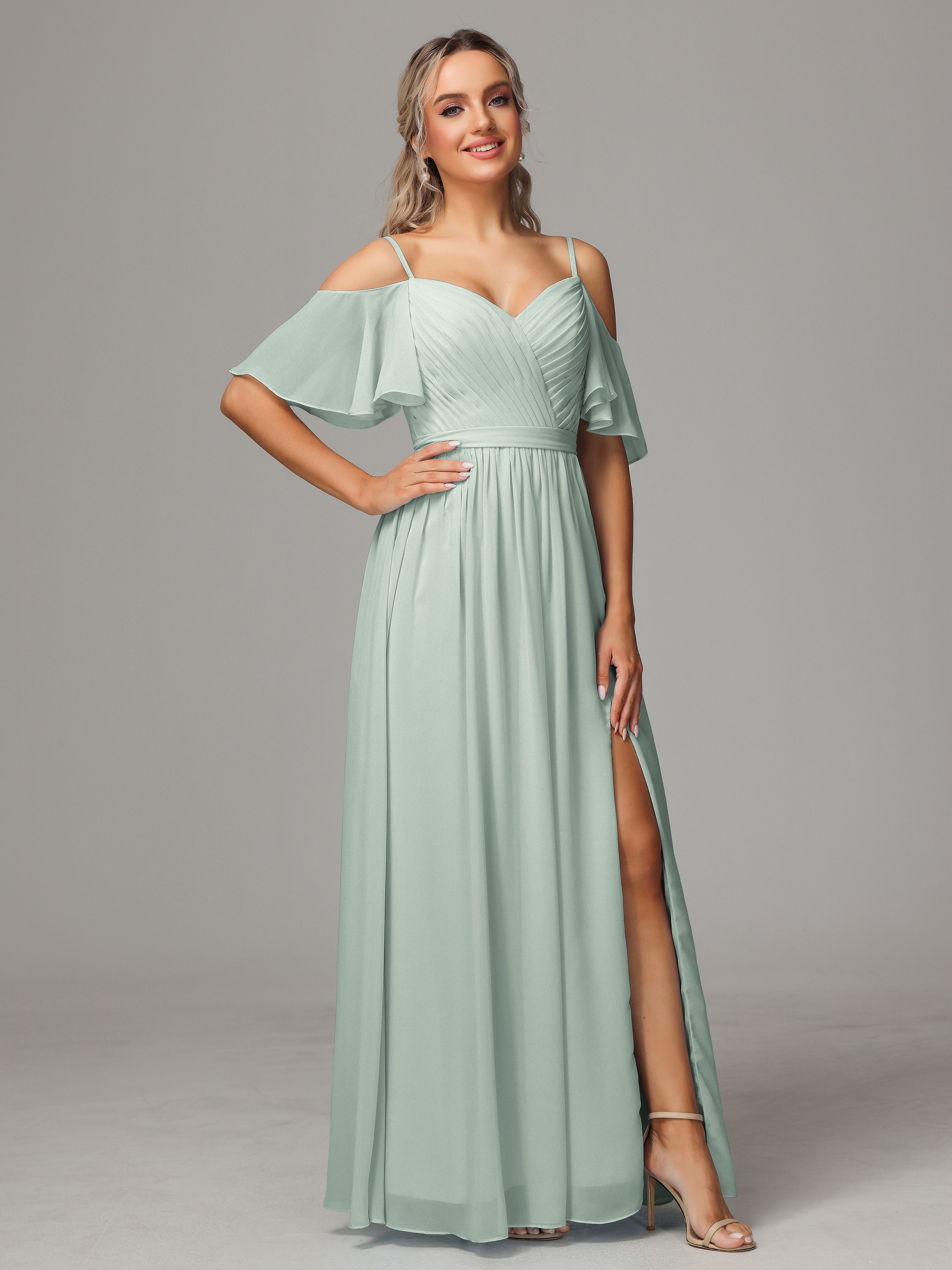 Robe Demoiselle D Honneur Celadon Fendue Trapèze Mousseline Longue Robes Demoiselle D'Honneur Avec Plissé