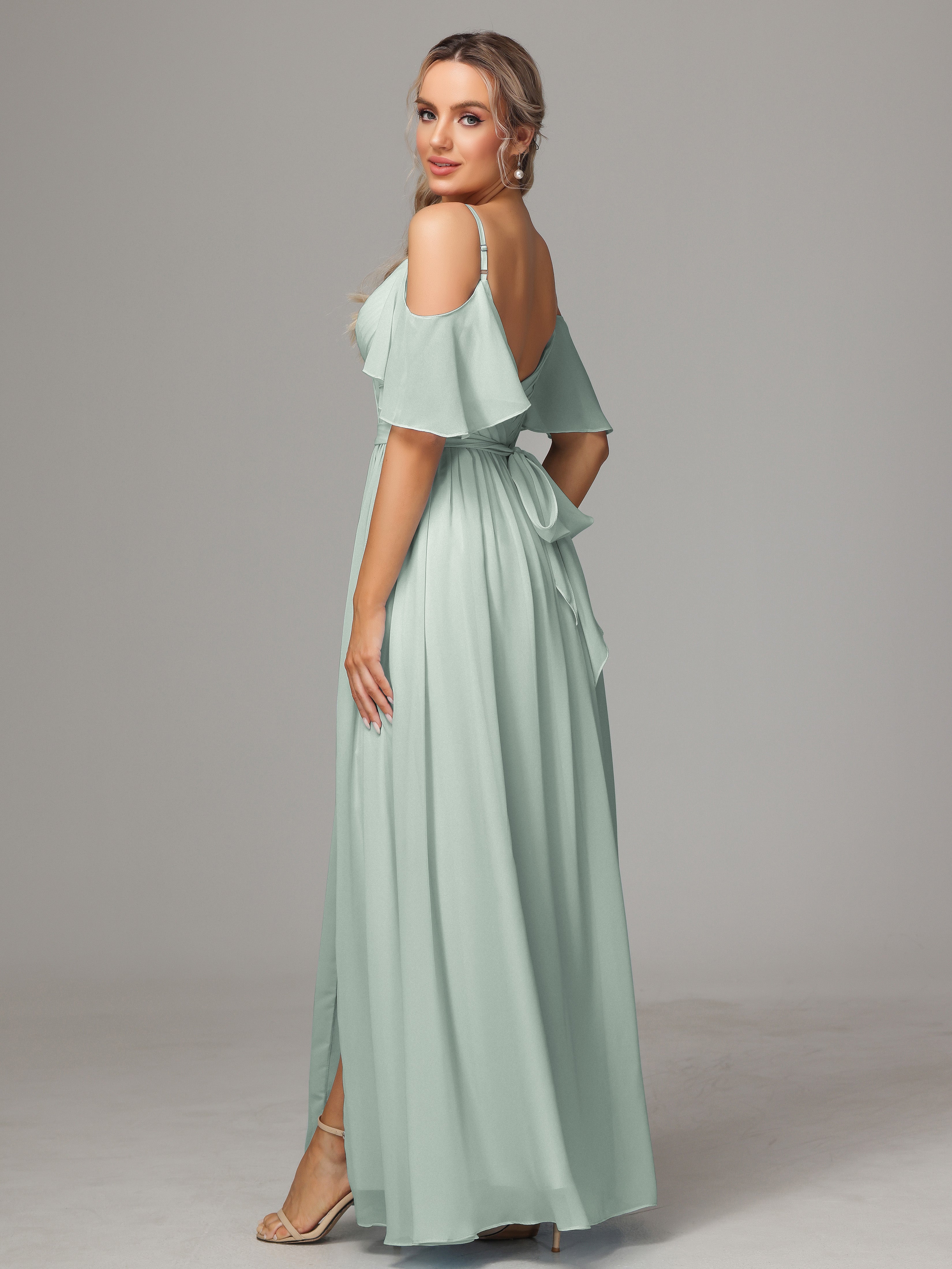 Robe Demoiselle D Honneur Celadon Fendue Trapèze Mousseline Longue Robes Demoiselle D'Honneur Avec Plissé