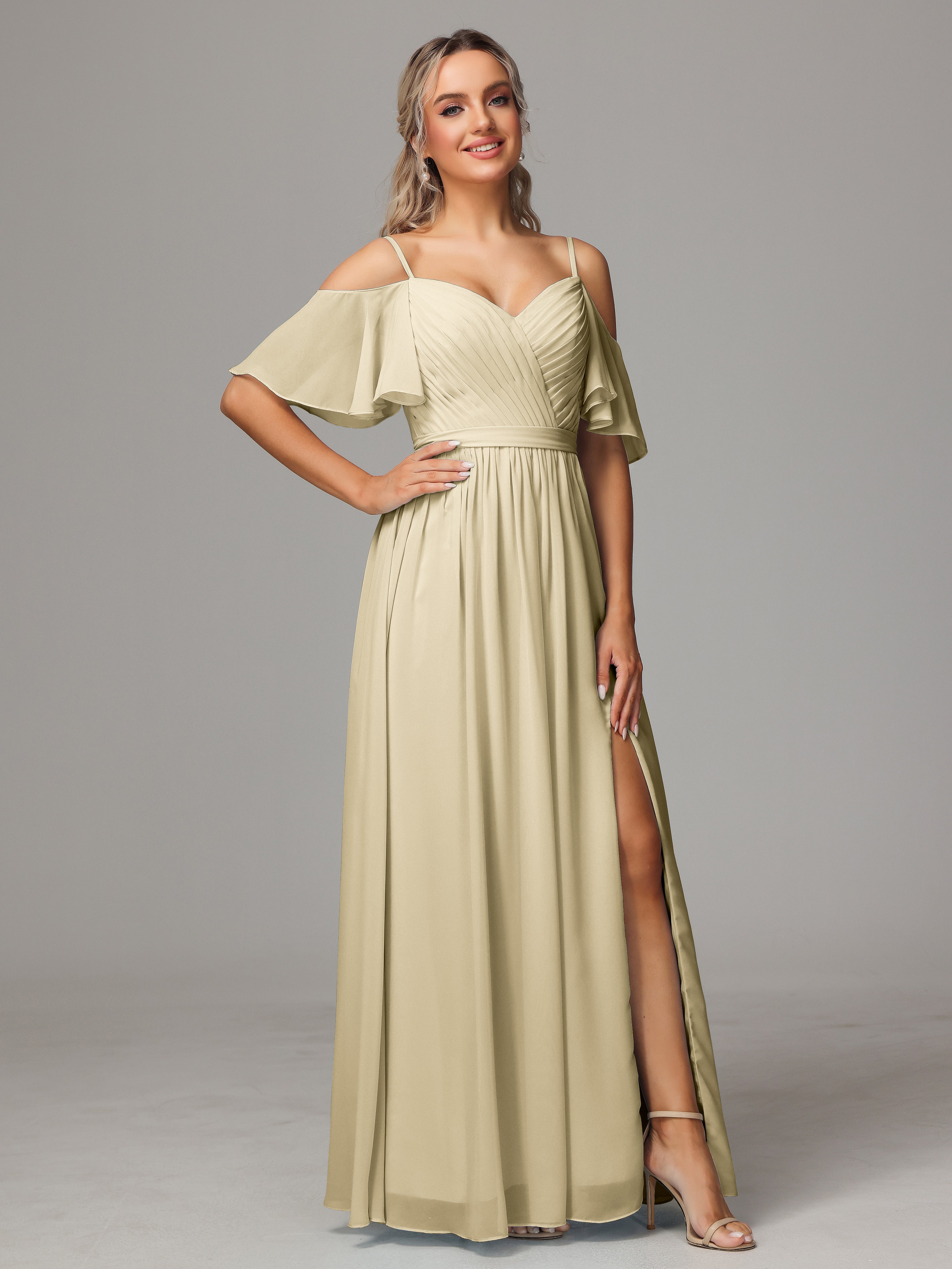 Robe De Demoiselle D'Honneur Champagne Fendue Trapèze Mousseline Longue Robes Demoiselle D'Honneur Avec Plissé
