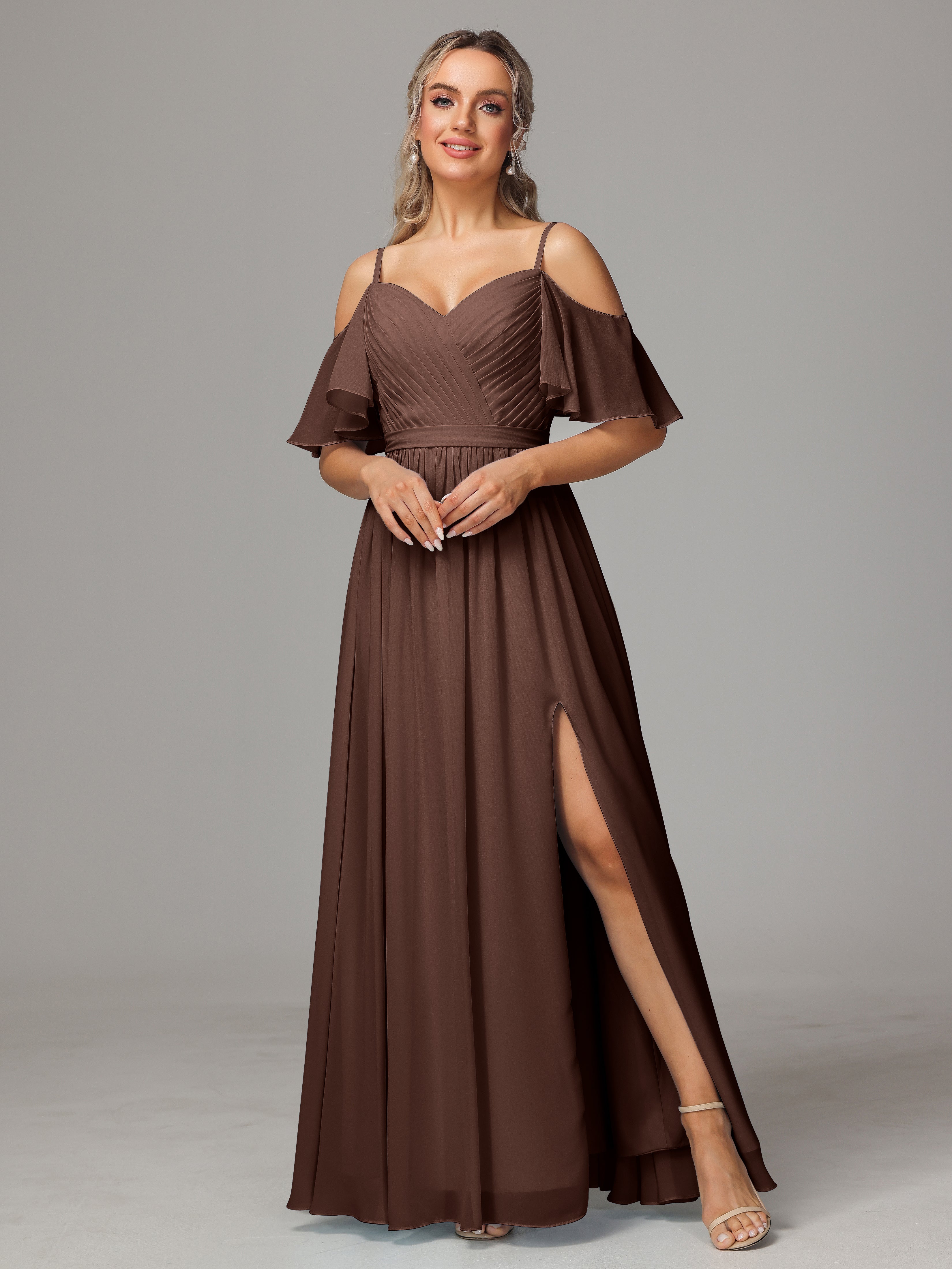 Robe Demoiselle D Honneur Marron Chocolat Fendue Trapèze Mousseline Longue Robes Demoiselle D'Honneur Avec Plissé
