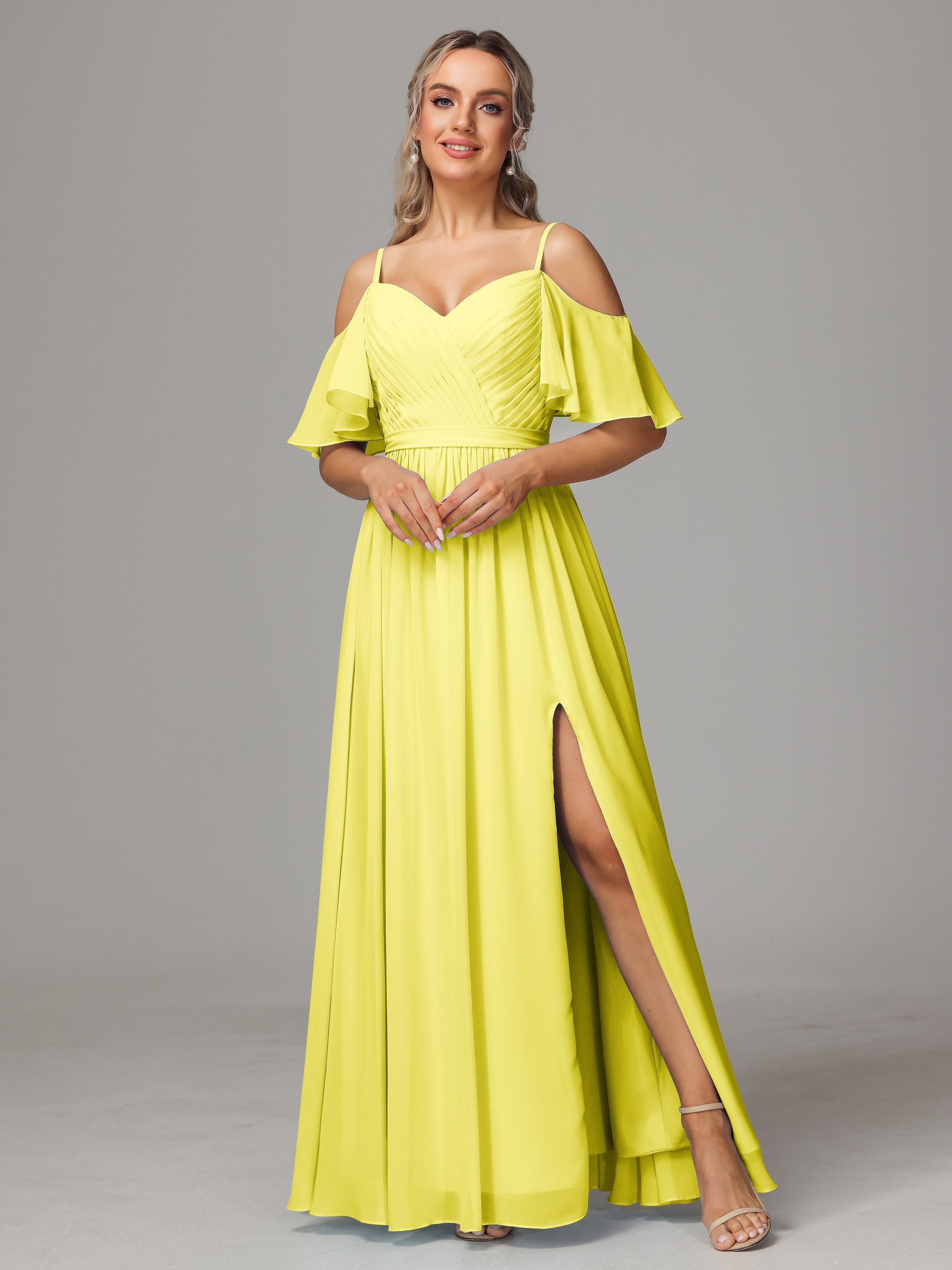 Robes De Demoiselle D'Honneur Citron Fendue Trapèze Mousseline Longue Robes Demoiselle D'Honneur Avec Plissé