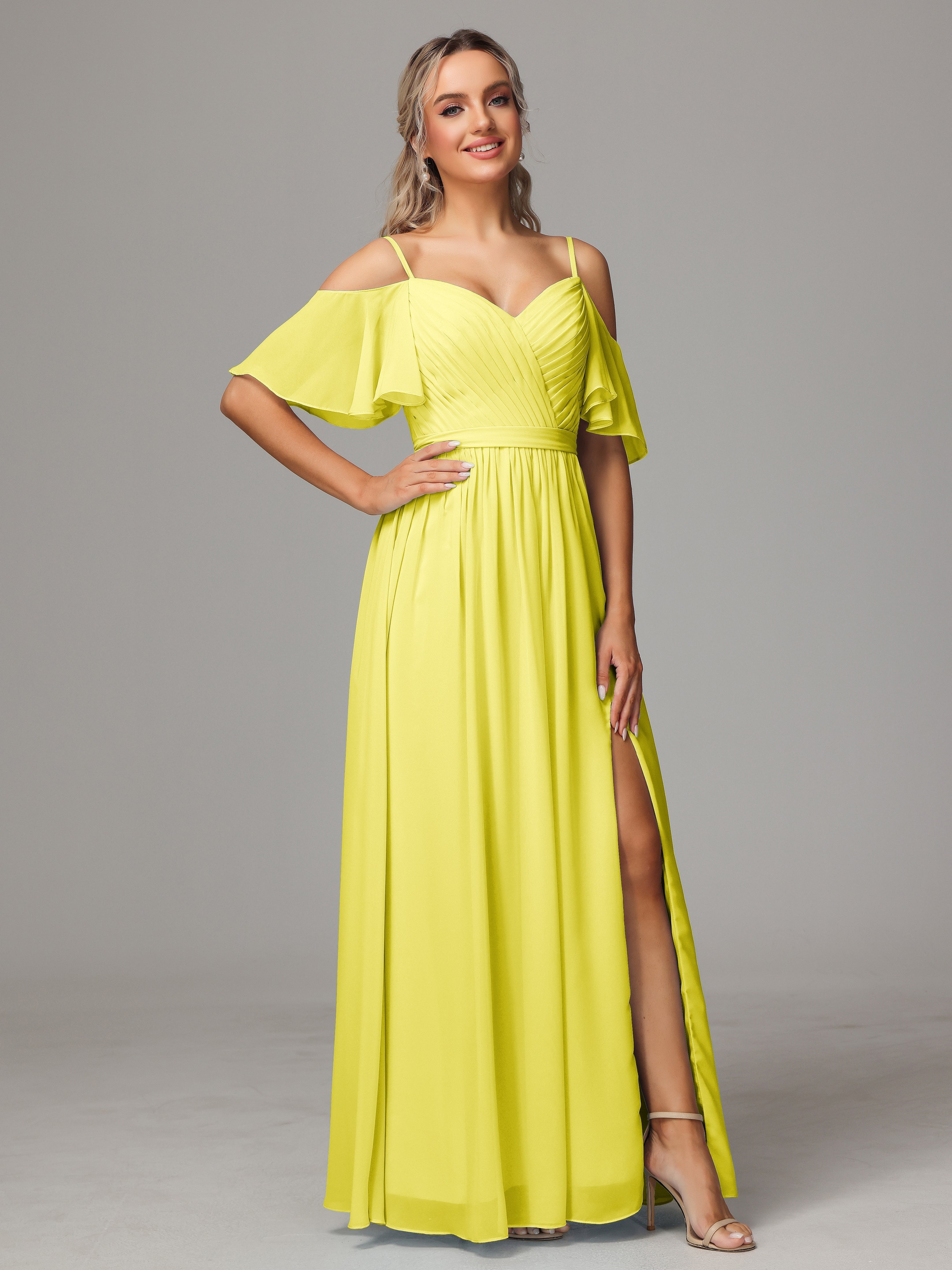 Robes De Demoiselle D'Honneur Citron Fendue Trapèze Mousseline Longue Robes Demoiselle D'Honneur Avec Plissé