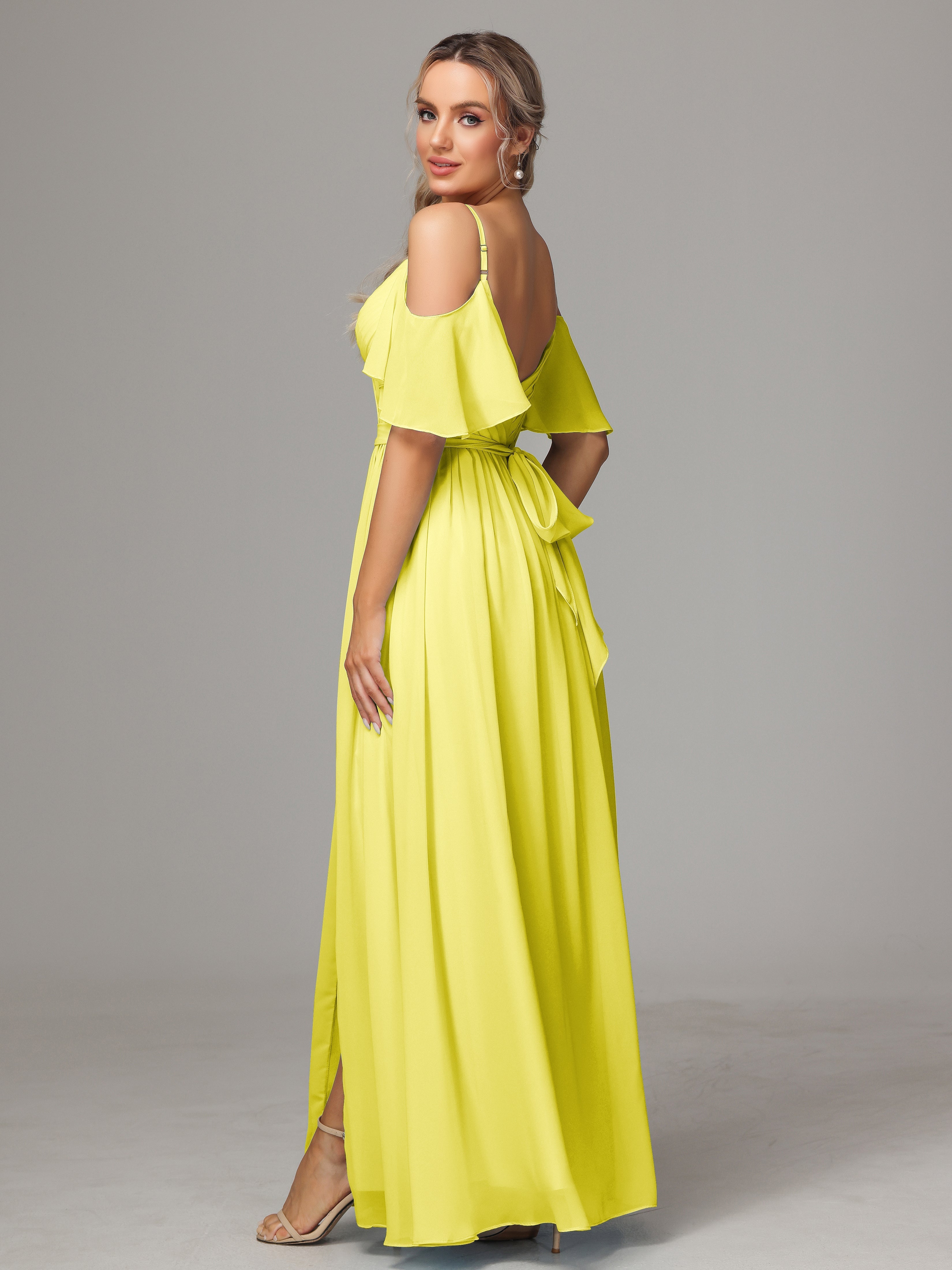 Robes De Demoiselle D'Honneur Citron Fendue Trapèze Mousseline Longue Robes Demoiselle D'Honneur Avec Plissé