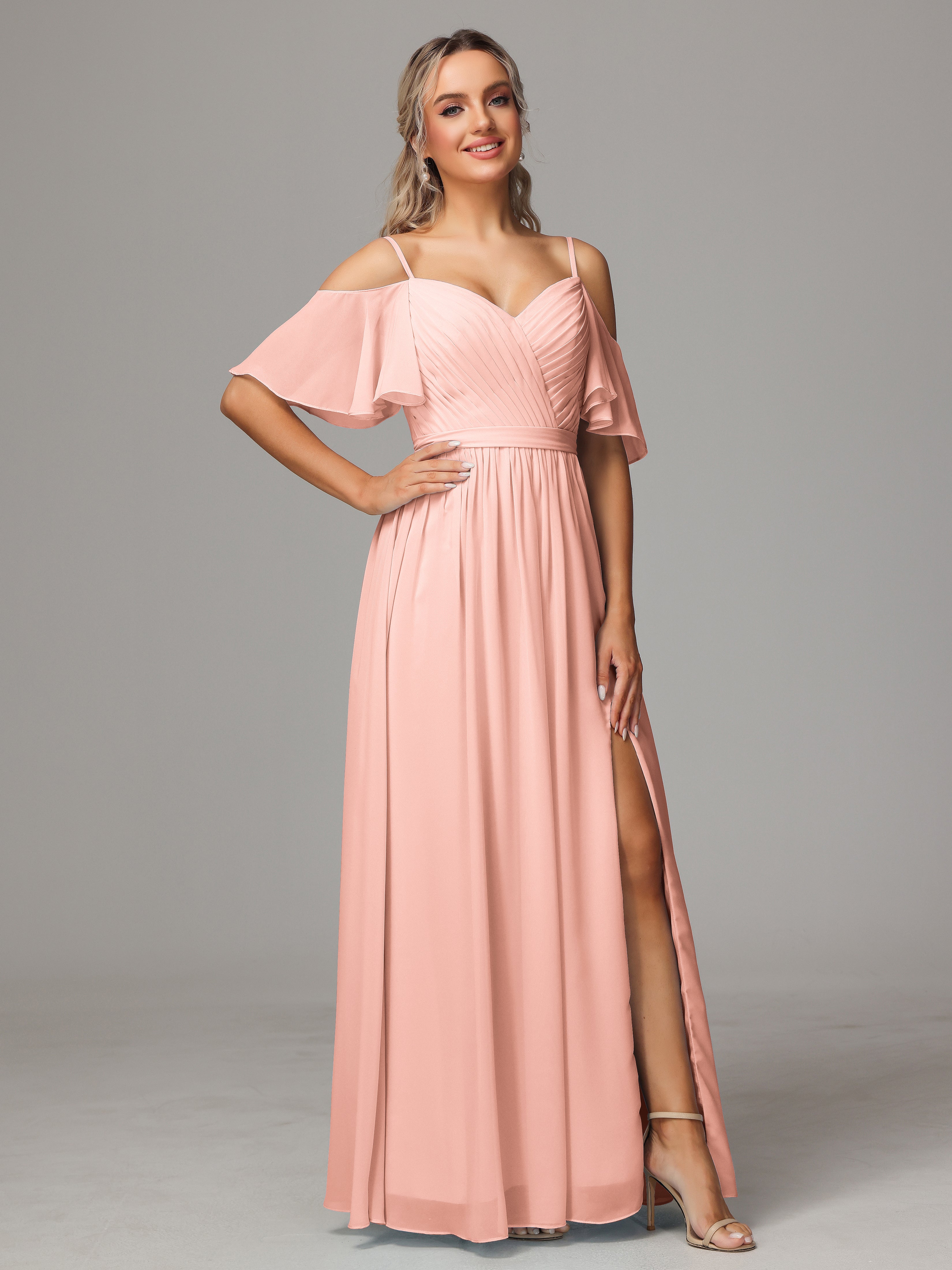 Robes De Demoiselle D'Honneur Corail Fendue Trapèze Mousseline Longue Robes Demoiselle D'Honneur Avec Plissé