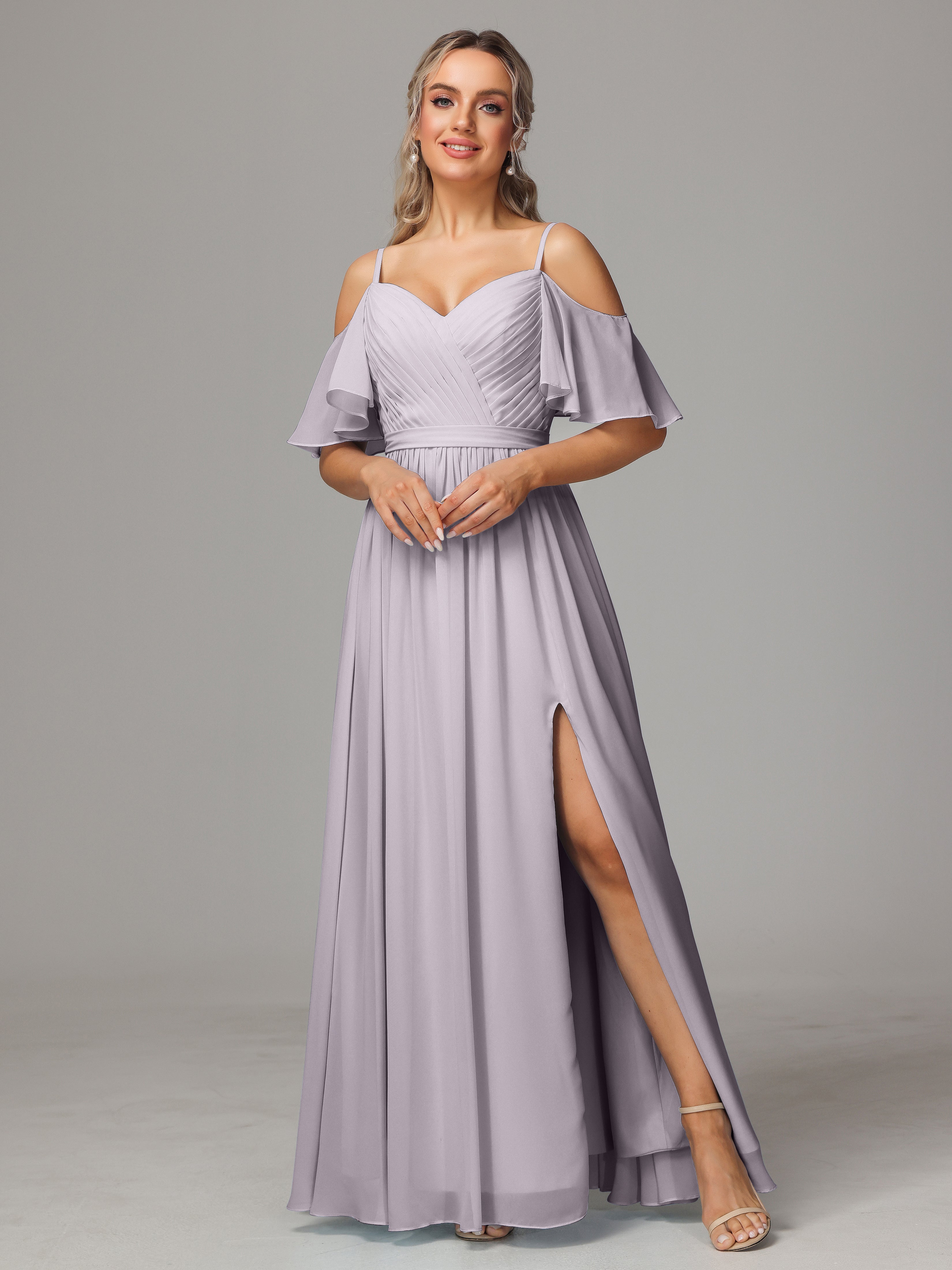 Robes De Demoiselle D'Honneur Crépuscule Fendue Trapèze Mousseline Longue Robes Demoiselle D'Honneur Avec Plissé