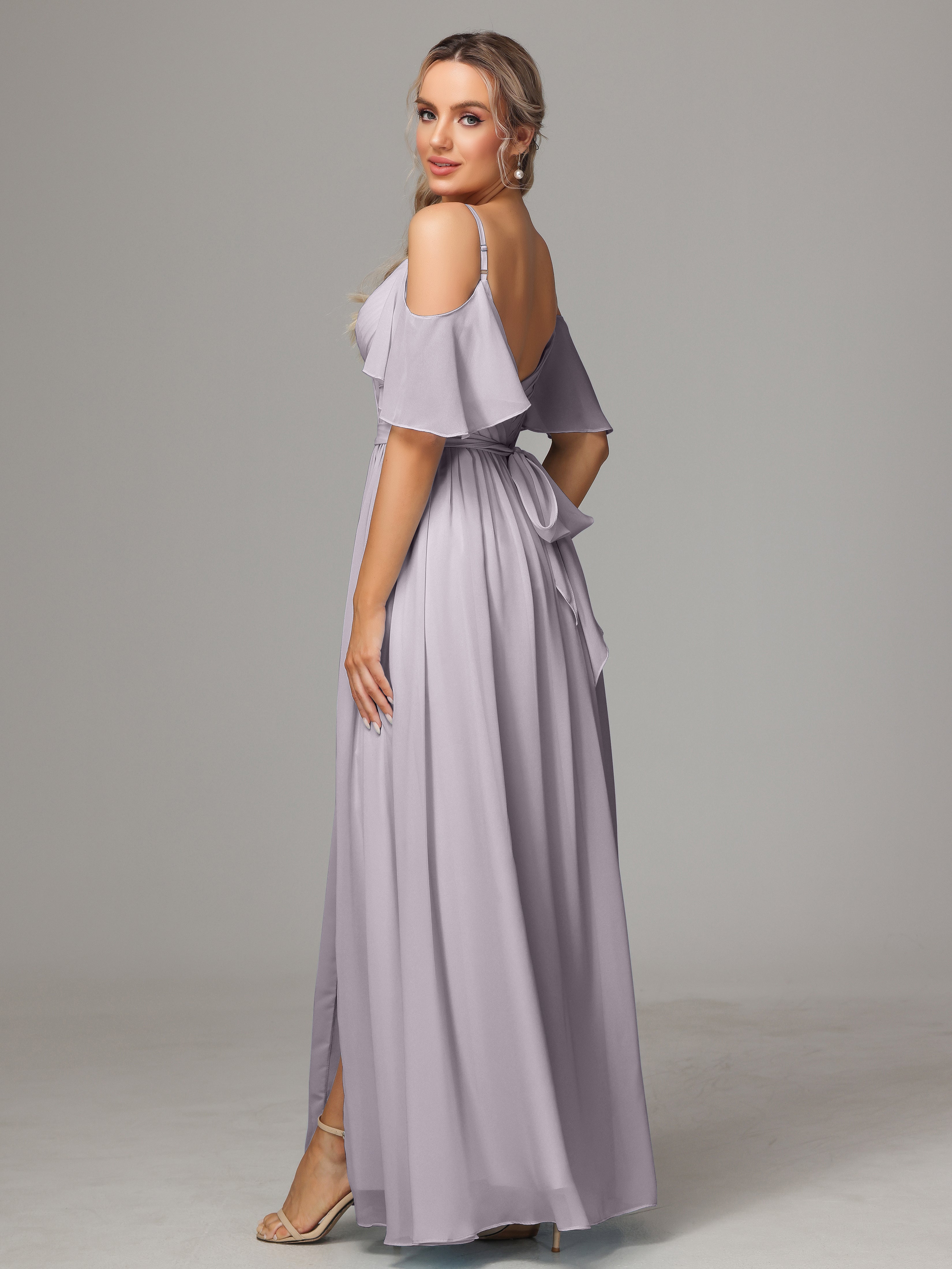 Robes De Demoiselle D'Honneur Crépuscule Fendue Trapèze Mousseline Longue Robes Demoiselle D'Honneur Avec Plissé