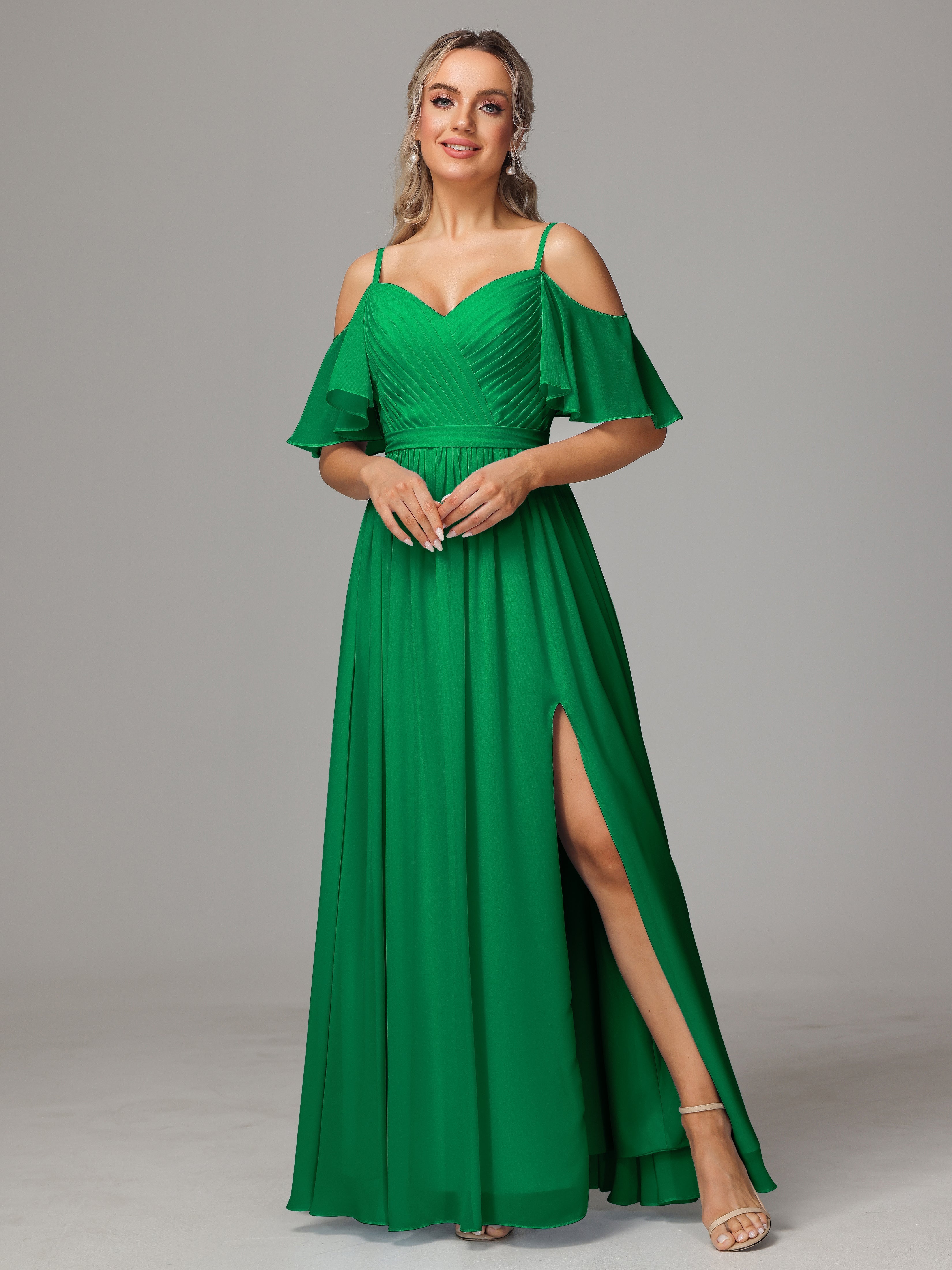 Robes De Demoiselle D'Honneur Vert Émeraude Fendue Trapèze Mousseline Longue Robes Demoiselle D'Honneur Avec Plissé