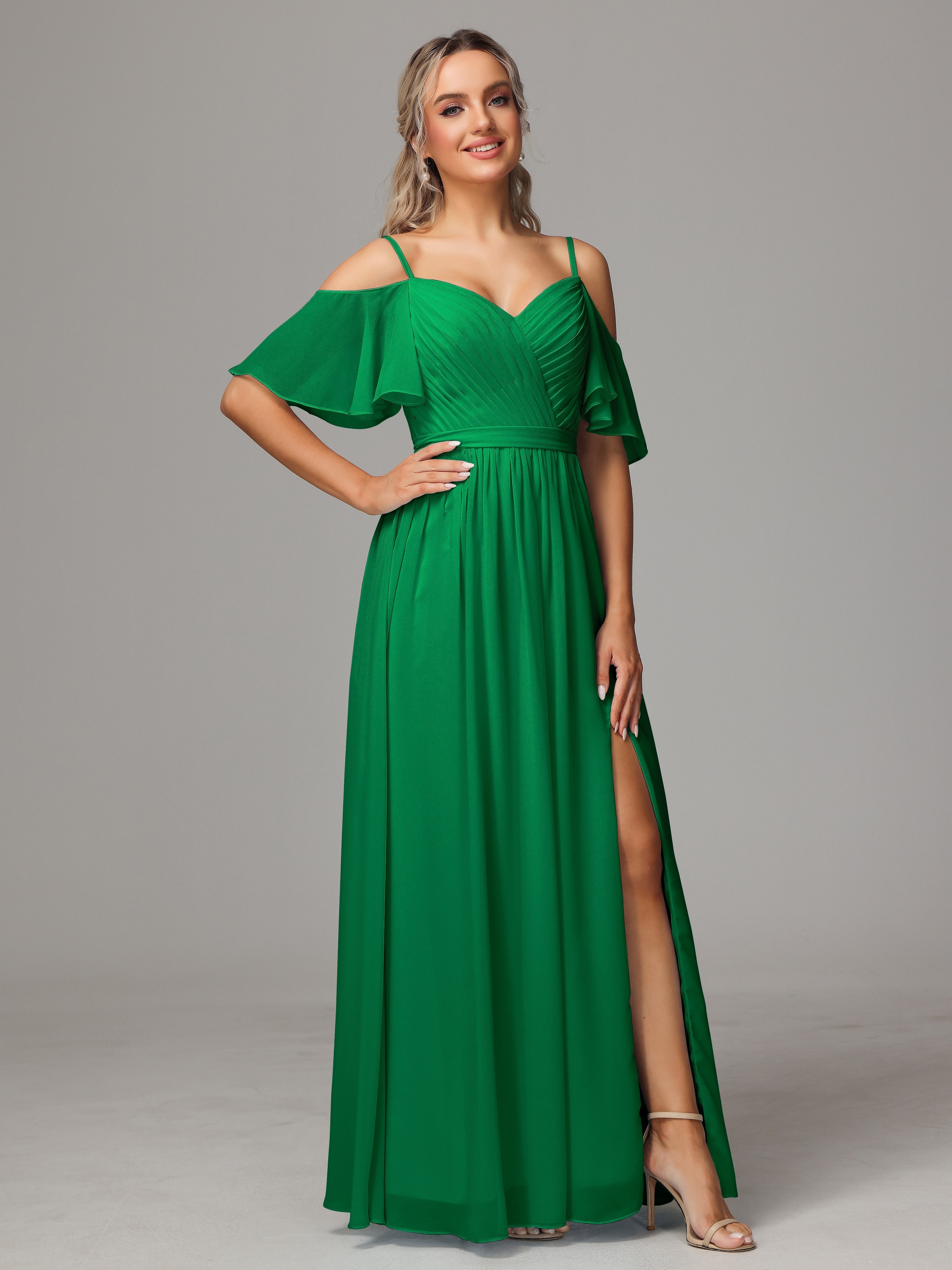 Robes De Demoiselle D'Honneur Vert Émeraude Fendue Trapèze Mousseline Longue Robes Demoiselle D'Honneur Avec Plissé