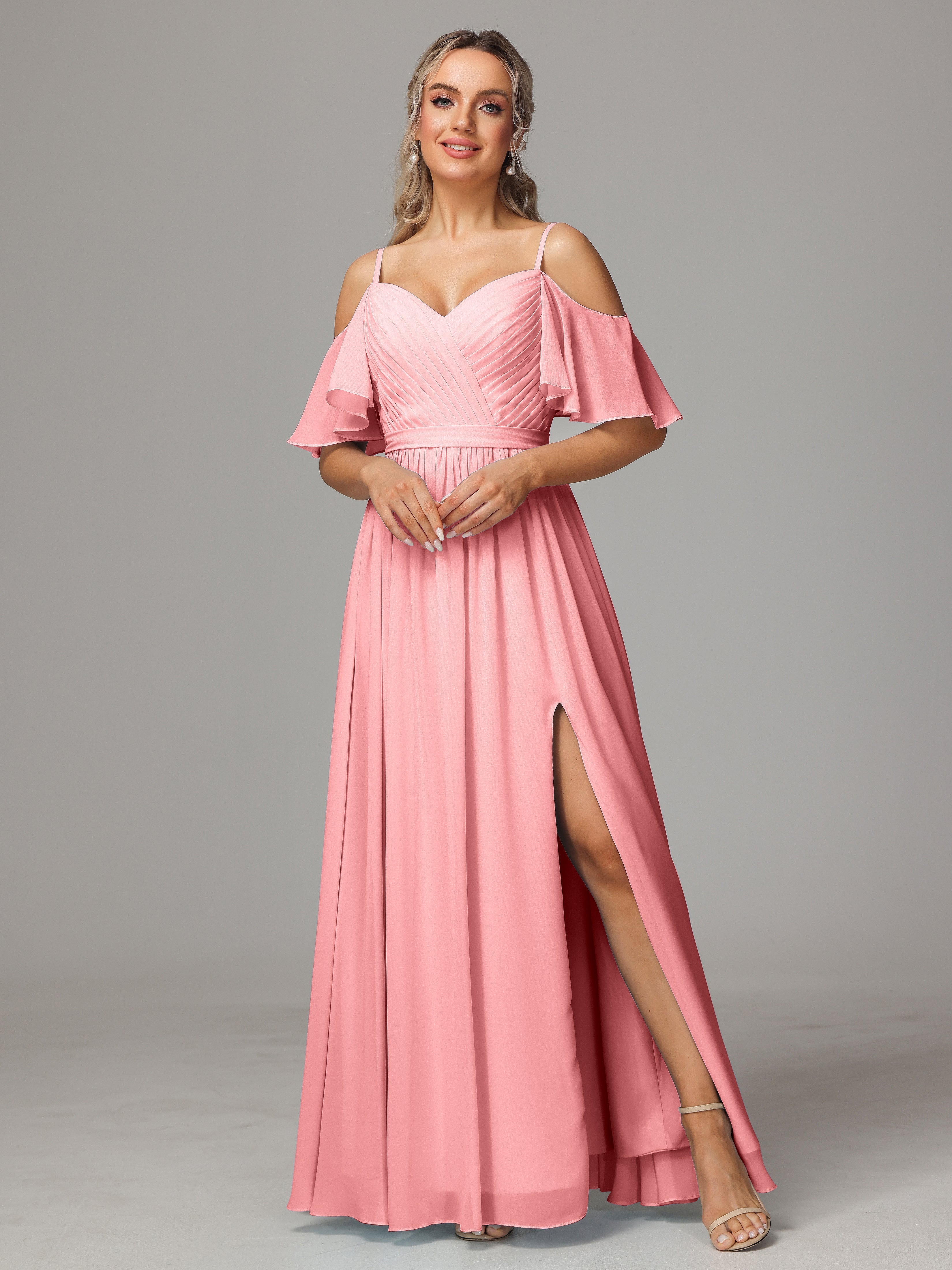 Robes De Demoiselle D'Honneur En Flamant Fendue Trapèze Mousseline Longue Robes Demoiselle D'Honneur Avec Plissé