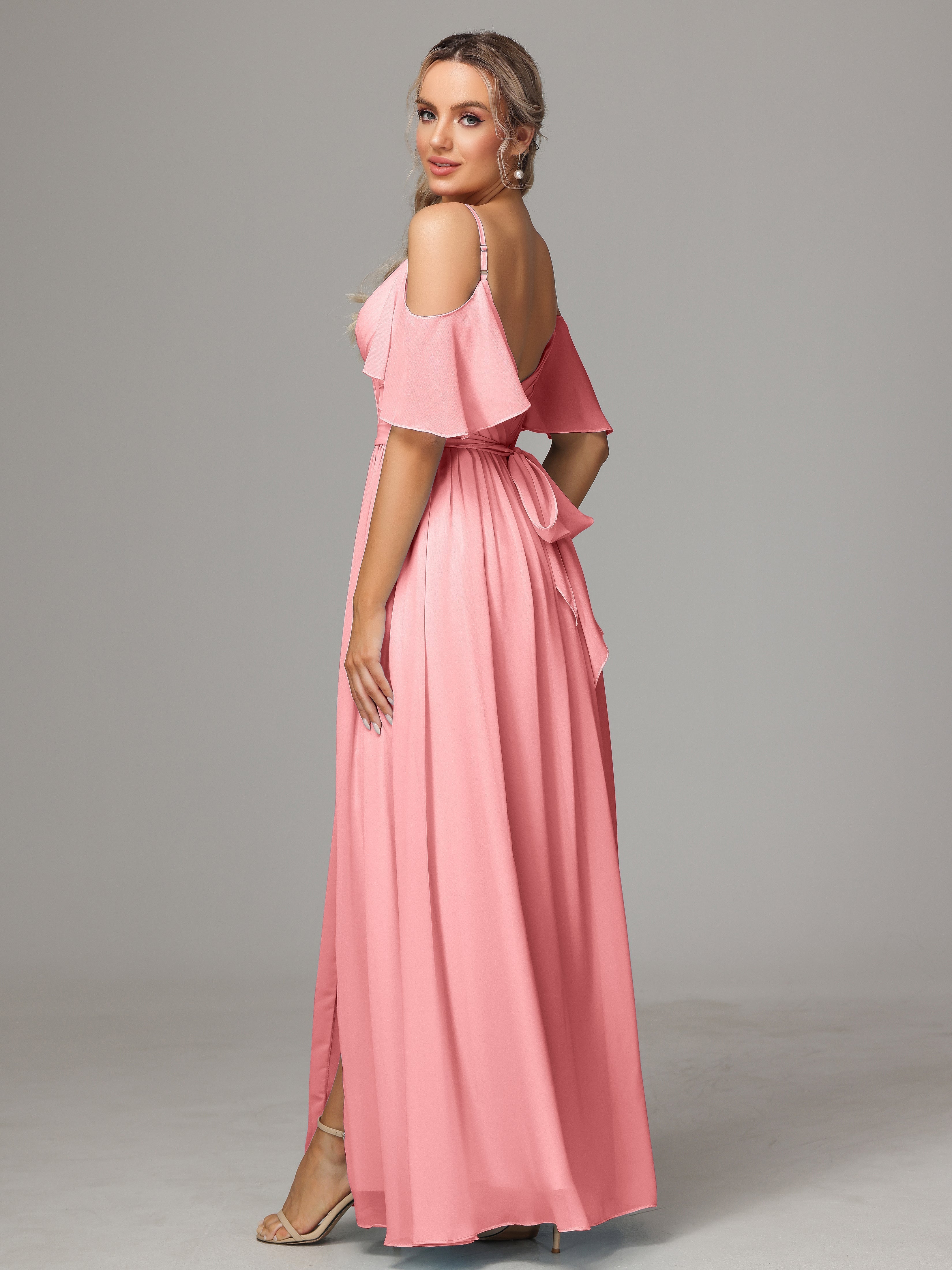 Robes De Demoiselle D'Honneur En Flamant Fendue Trapèze Mousseline Longue Robes Demoiselle D'Honneur Avec Plissé