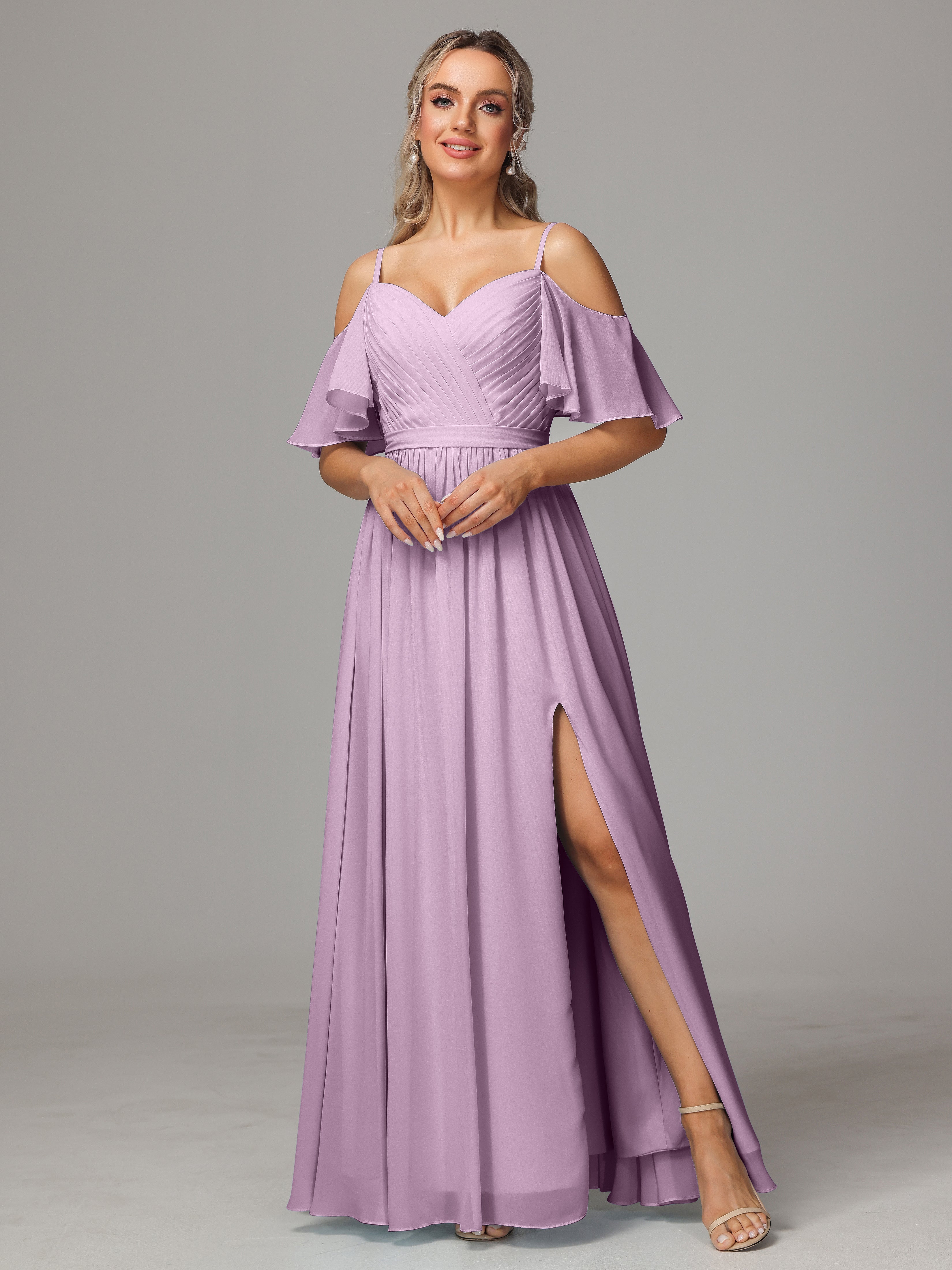 Robes De Demoiselle D'Honneur Glycine Fendue Trapèze Mousseline Longue Robes Demoiselle D'Honneur Avec Plissé
