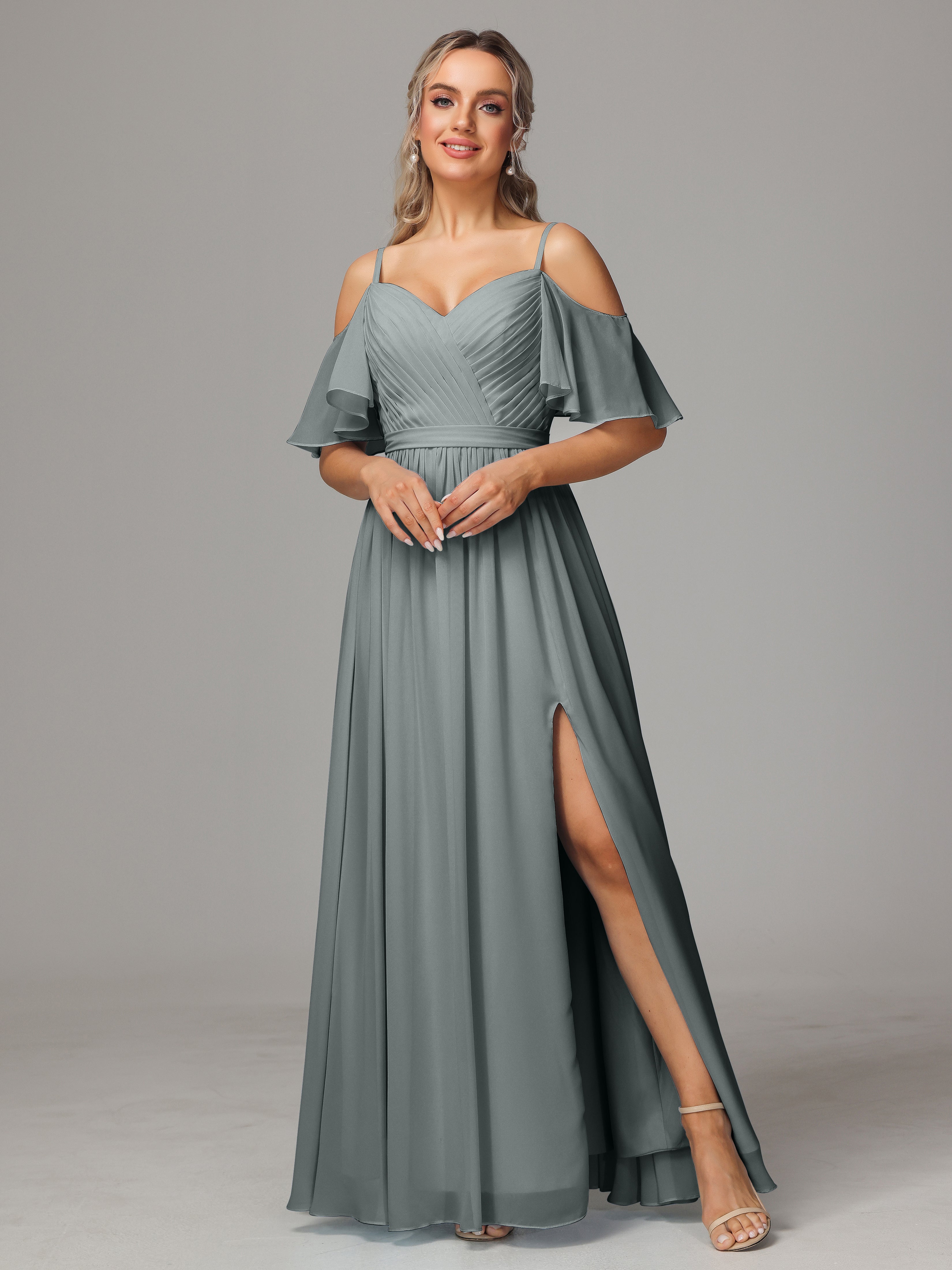 Robe Grise Demoiselle D Honneur Fendue Trapèze Mousseline Longue Robes Demoiselle D'Honneur Avec Plissé