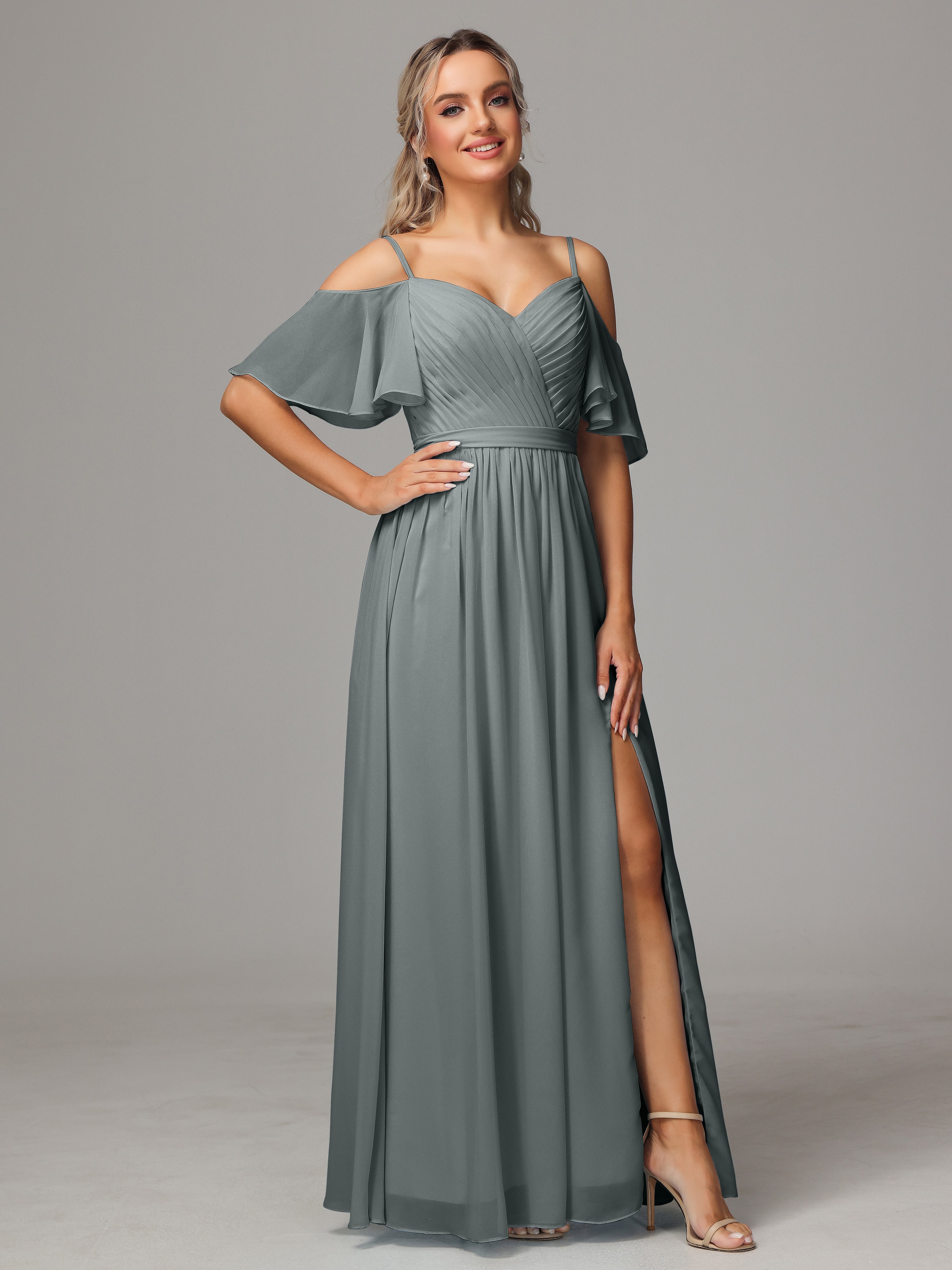 Robe Grise Demoiselle D Honneur Fendue Trapèze Mousseline Longue Robes Demoiselle D'Honneur Avec Plissé