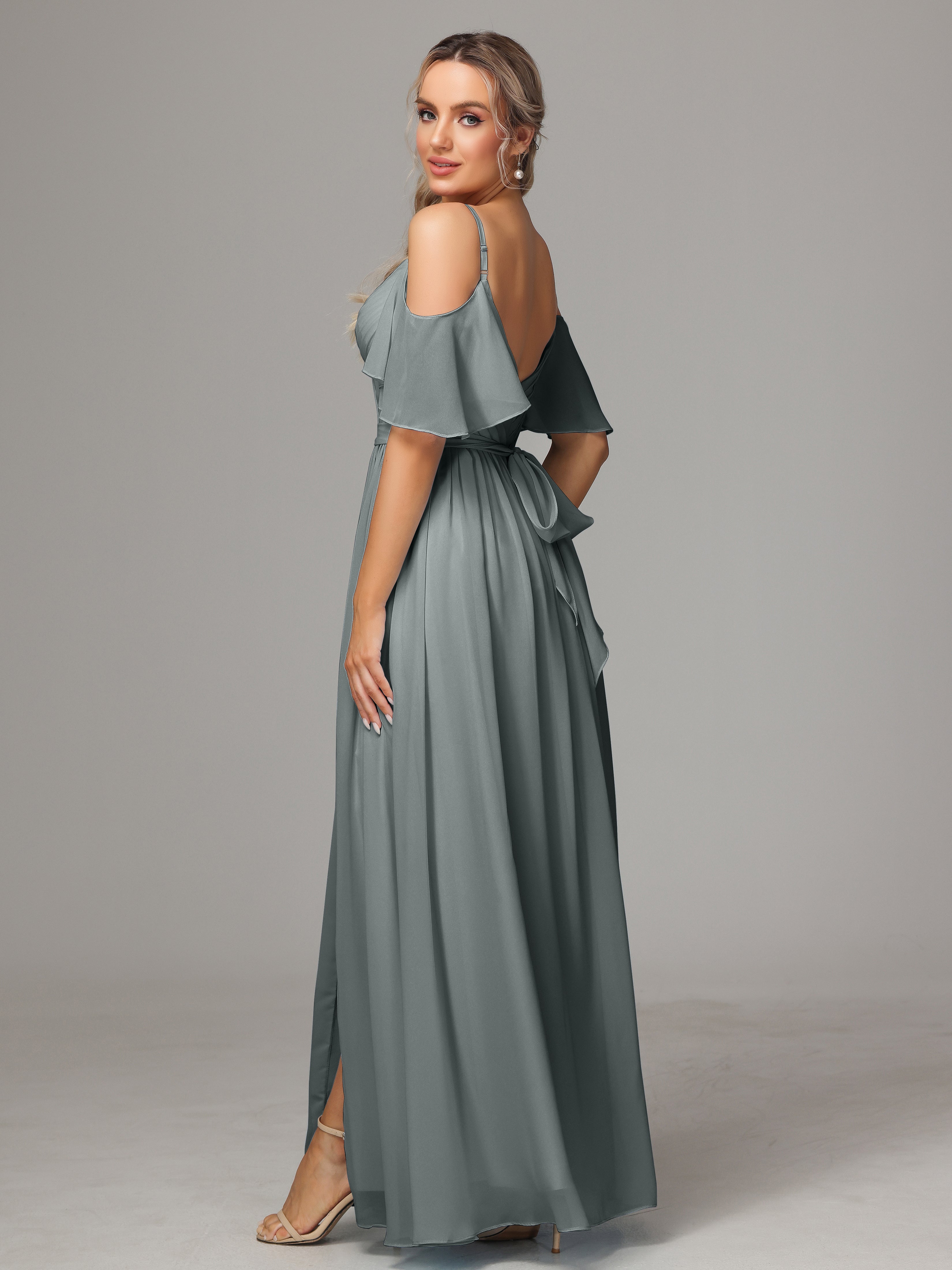 Robe Grise Demoiselle D Honneur Fendue Trapèze Mousseline Longue Robes Demoiselle D'Honneur Avec Plissé