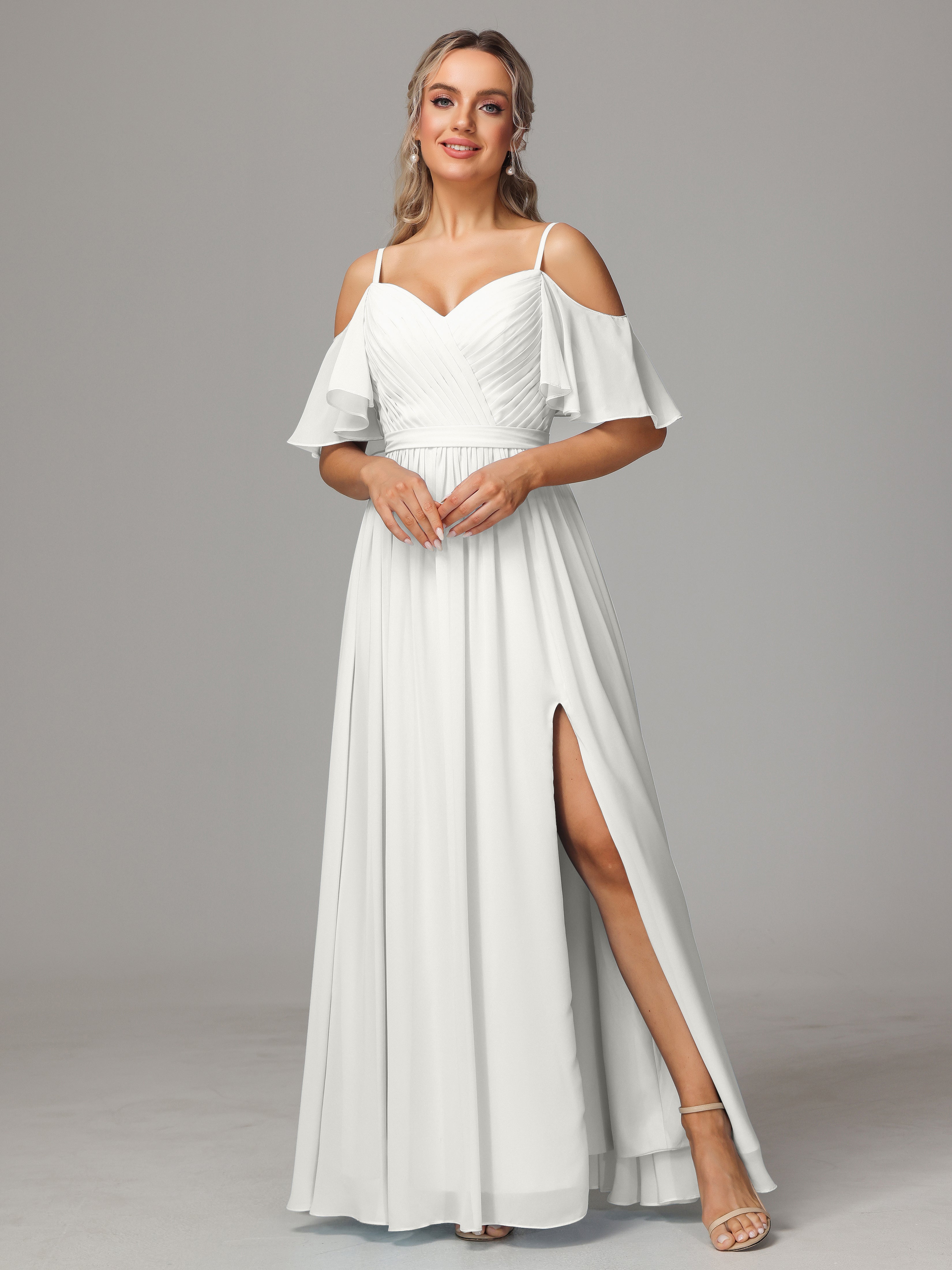 Robe Ivoire Demoiselle D Honneur Fendue Trapèze Mousseline Longue Robes Demoiselle D'Honneur Avec Plissé