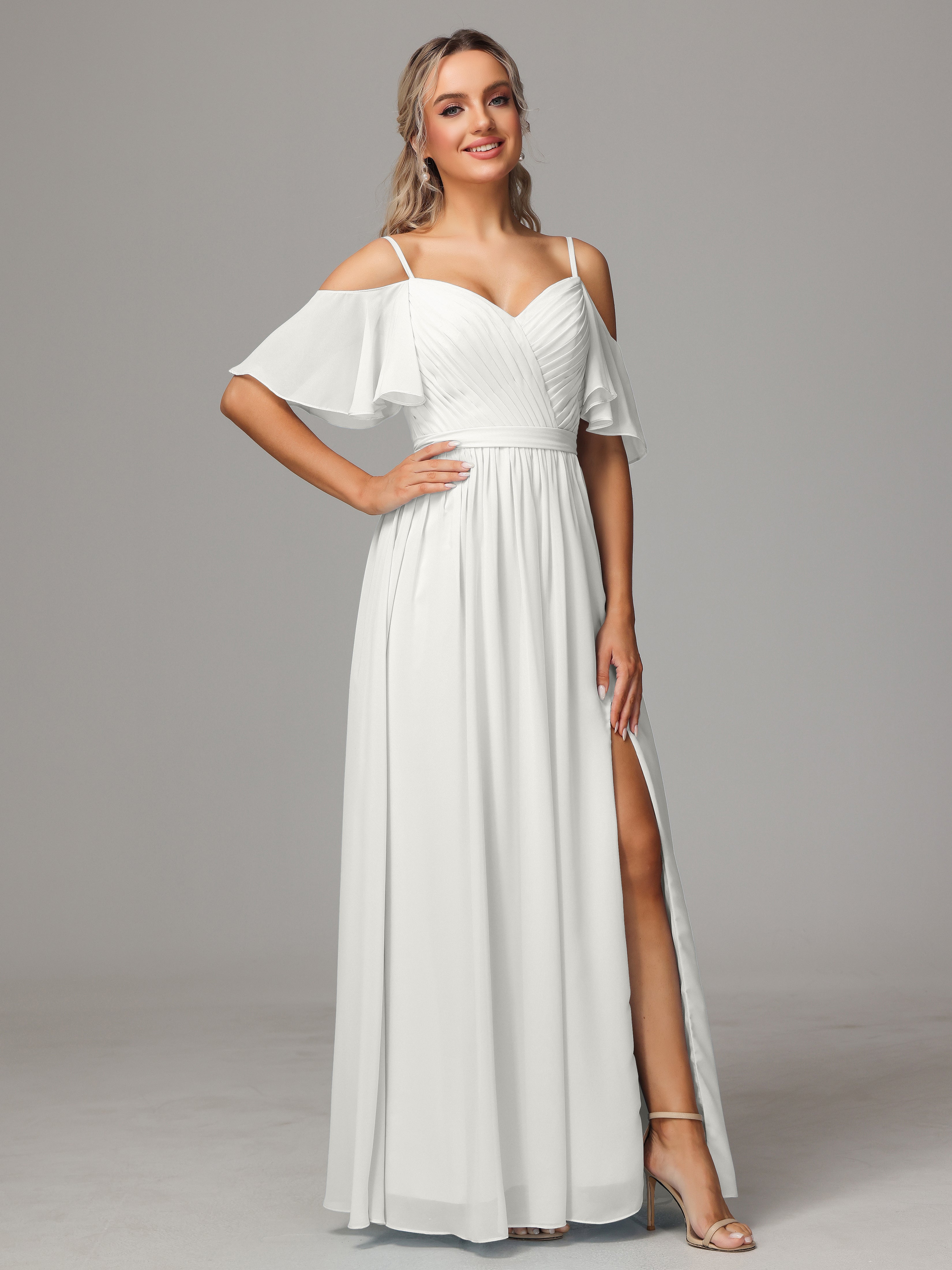 Robe Ivoire Demoiselle D Honneur Fendue Trapèze Mousseline Longue Robes Demoiselle D'Honneur Avec Plissé