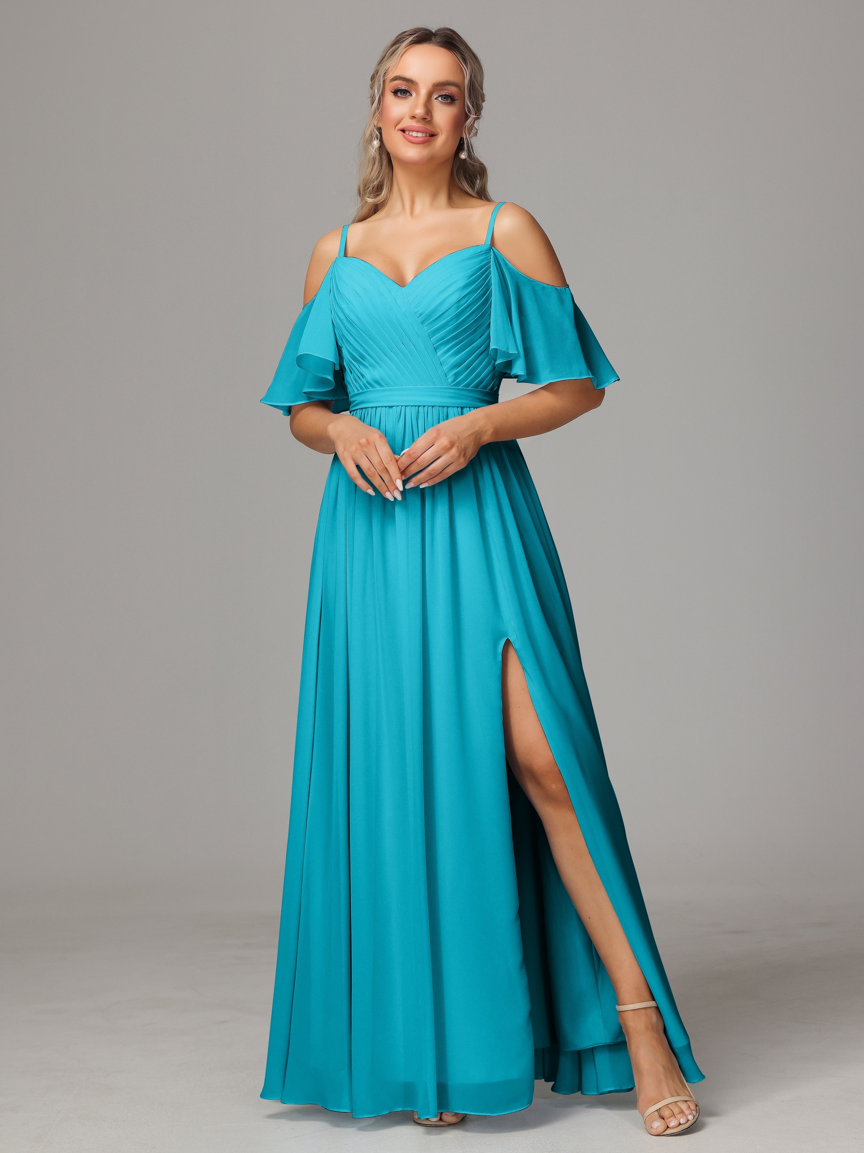Robes De Demoiselle D'Honneur Vert Jade Fendue Trapèze Mousseline Longue Robes Demoiselle D'Honneur Avec Plissé