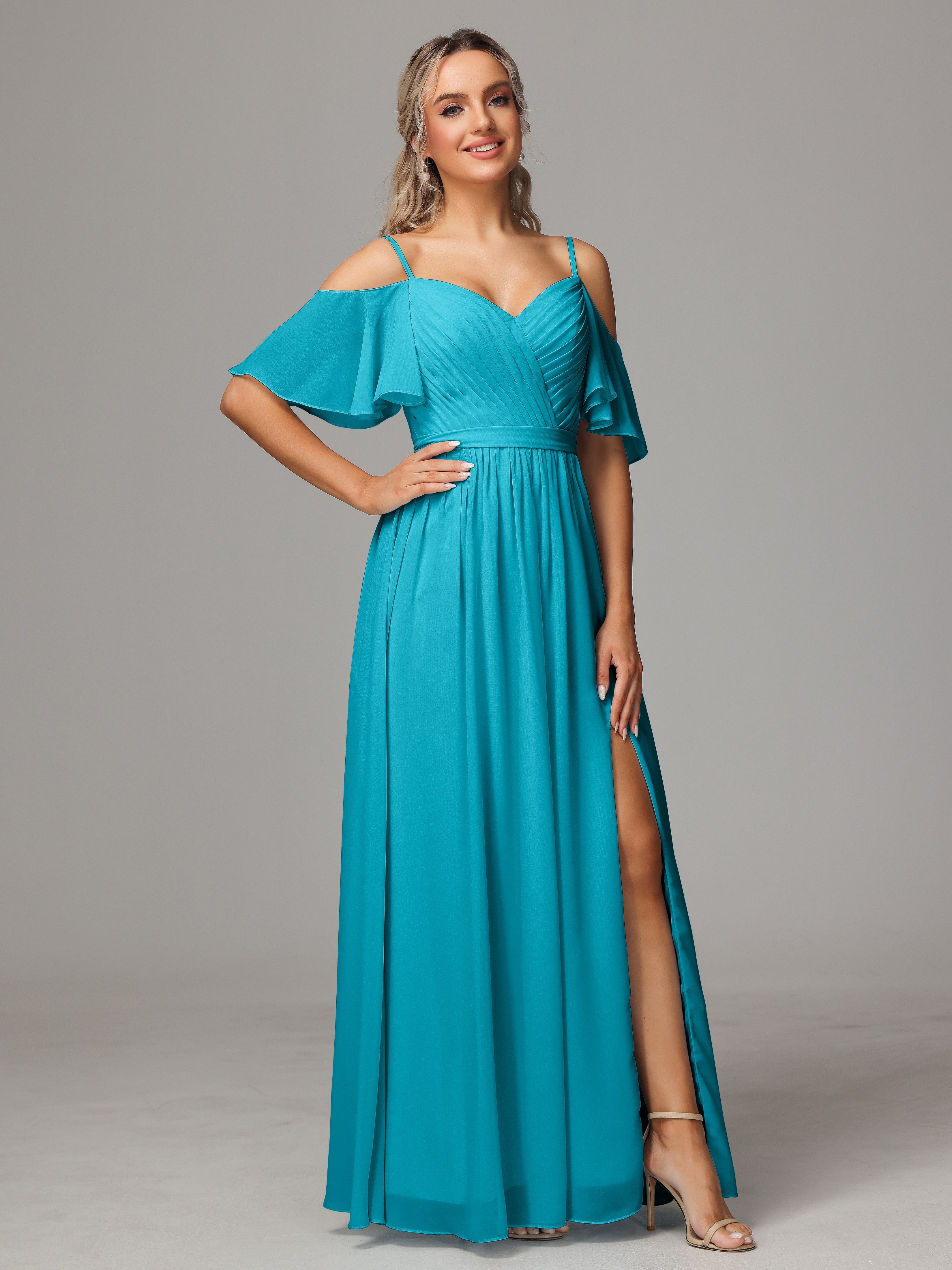 Robes De Demoiselle D'Honneur Vert Jade Fendue Trapèze Mousseline Longue Robes Demoiselle D'Honneur Avec Plissé