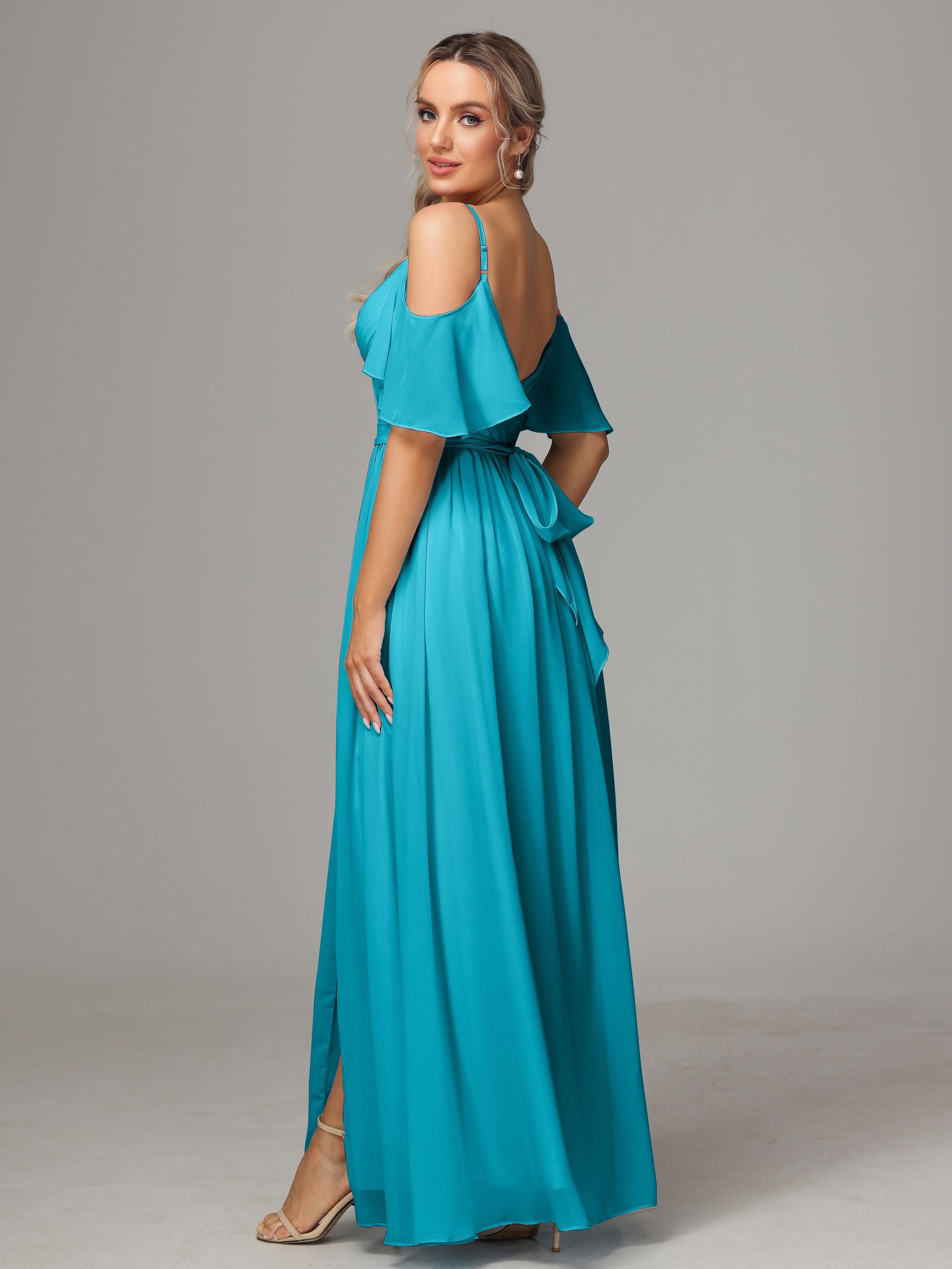 Robes De Demoiselle D'Honneur Vert Jade Fendue Trapèze Mousseline Longue Robes Demoiselle D'Honneur Avec Plissé