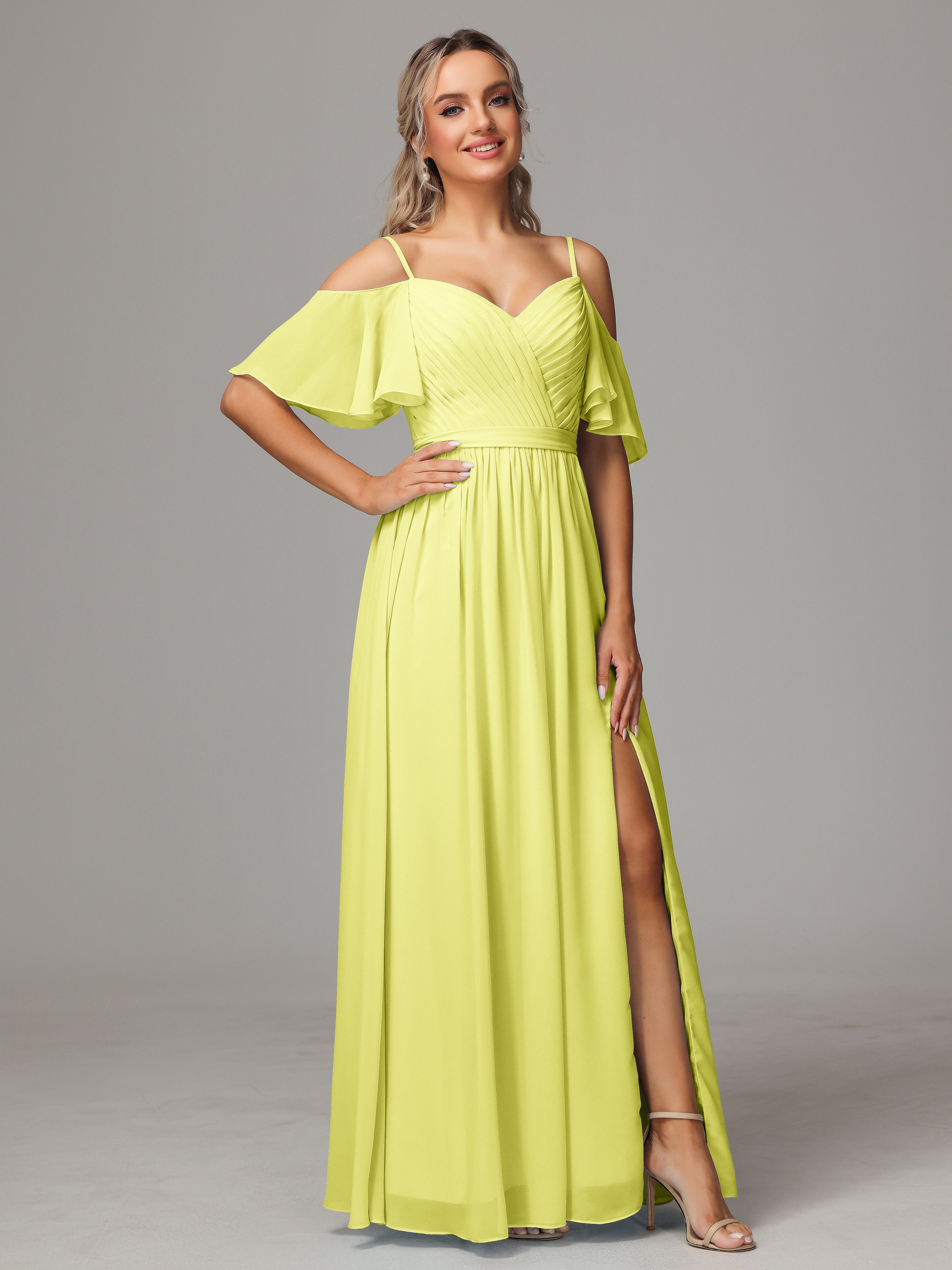 Robes De Demoiselle D'Honneur Jonquille Fendue Trapèze Mousseline Longue Robes Demoiselle D'Honneur Avec Plissé