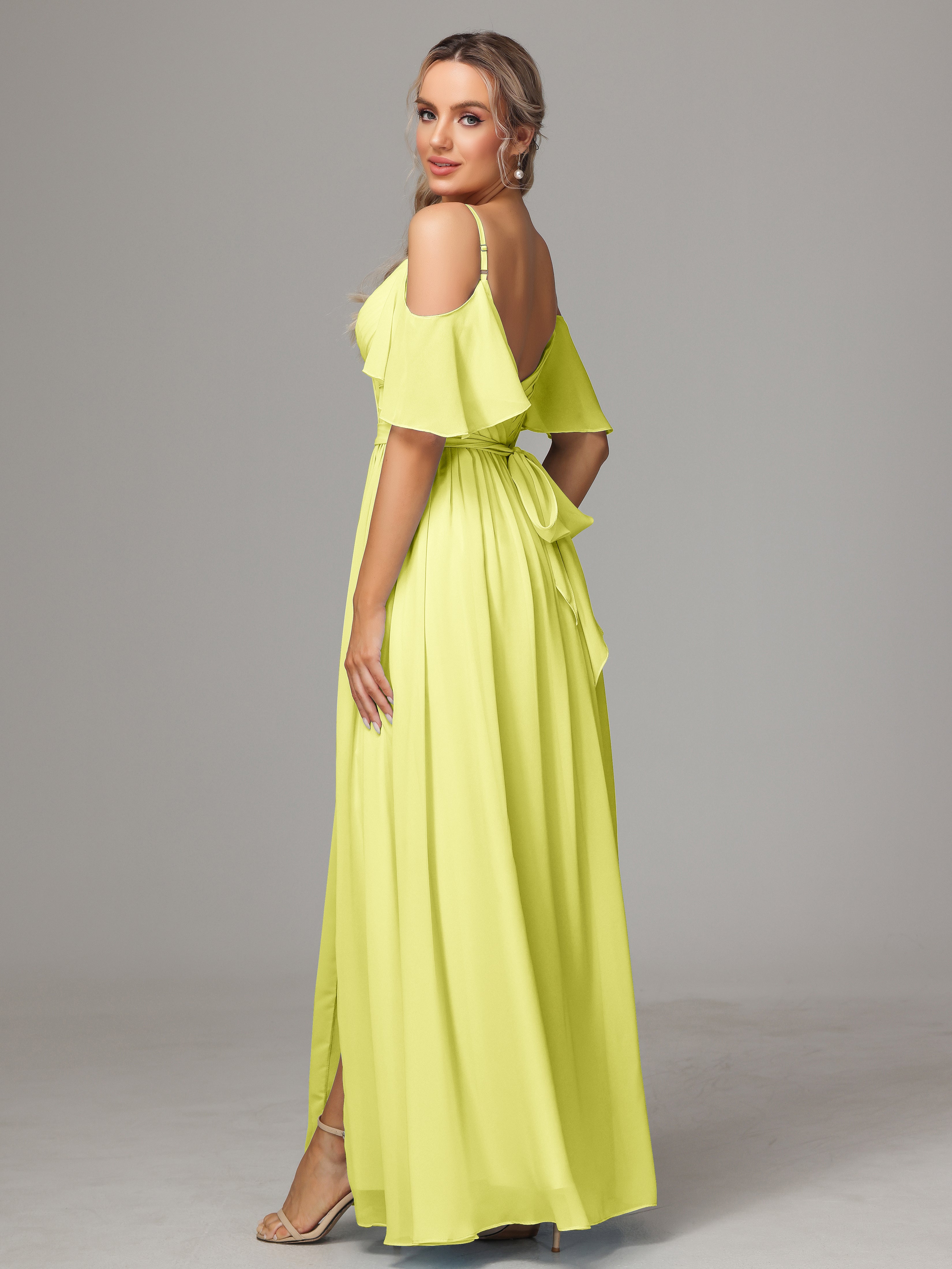 Robes De Demoiselle D'Honneur Jonquille Fendue Trapèze Mousseline Longue Robes Demoiselle D'Honneur Avec Plissé