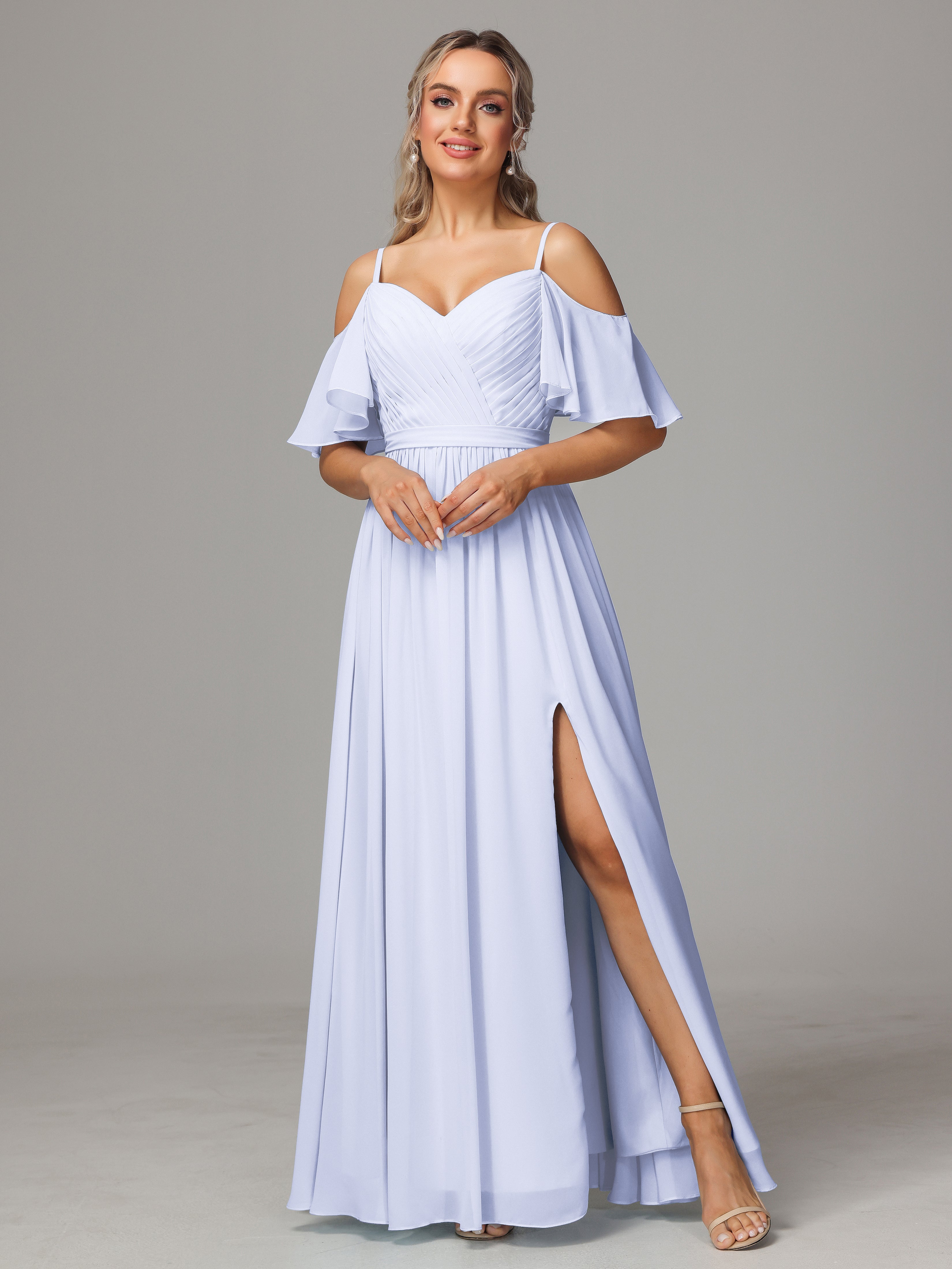 Robe Demoiselle D Honneur Lavande Fendue Trapèze Mousseline Longue Robes Demoiselle D'Honneur Avec Plissé
