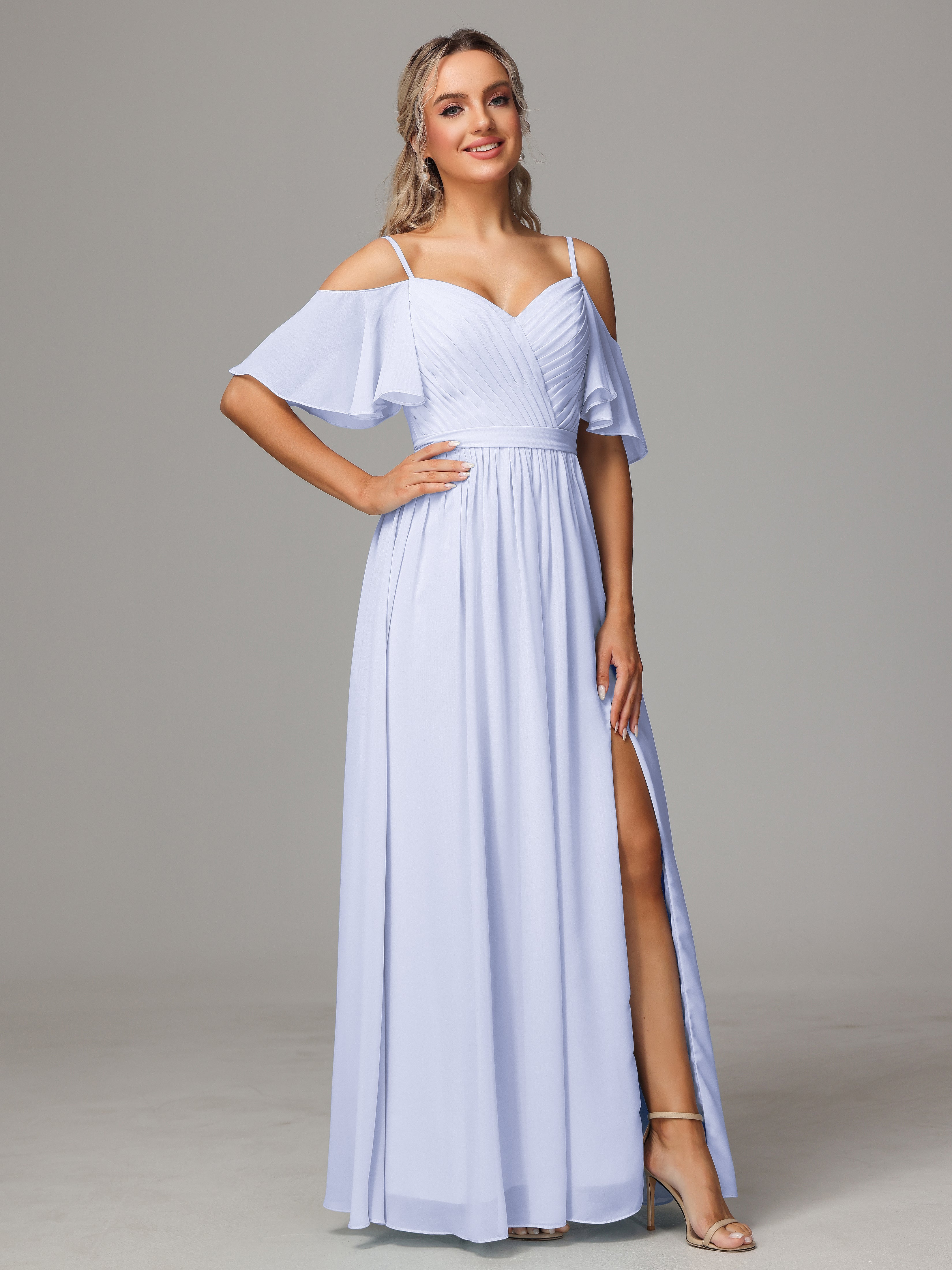 Robe Demoiselle D Honneur Lavande Fendue Trapèze Mousseline Longue Robes Demoiselle D'Honneur Avec Plissé