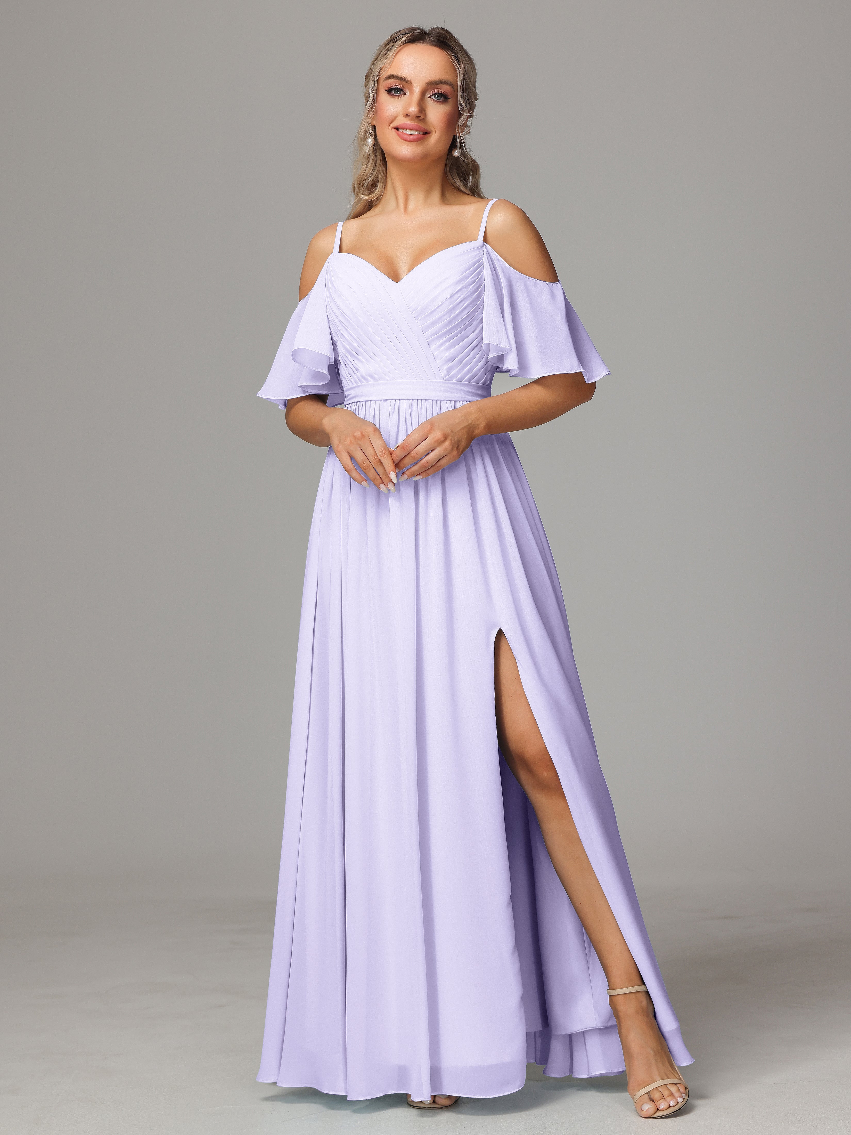 Robe Lilas Demoiselle D Honneur Fendue Trapèze Mousseline Longue Robes Demoiselle D'Honneur Avec Plissé