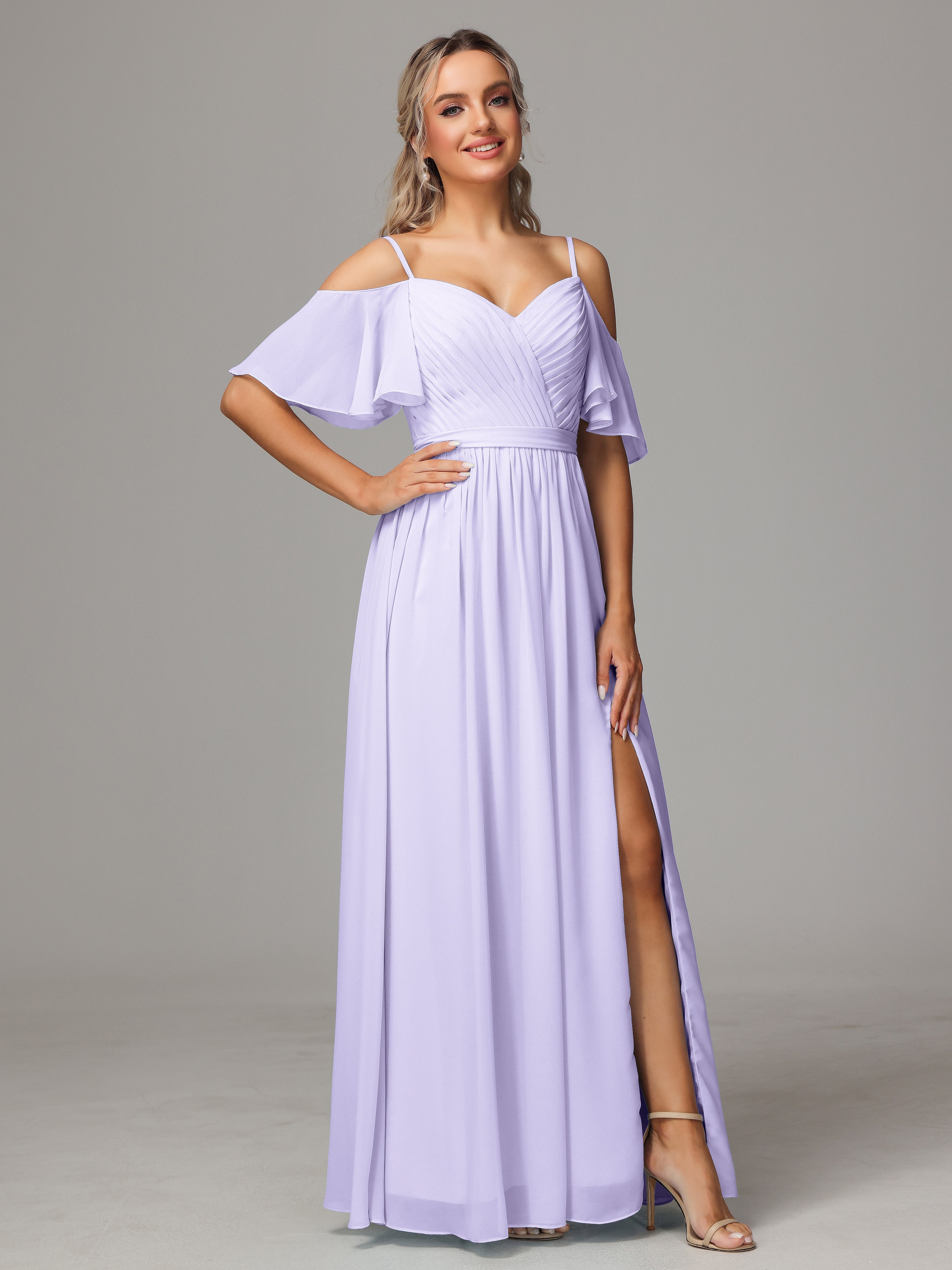 Robe Lilas Demoiselle D Honneur Fendue Trapèze Mousseline Longue Robes Demoiselle D'Honneur Avec Plissé