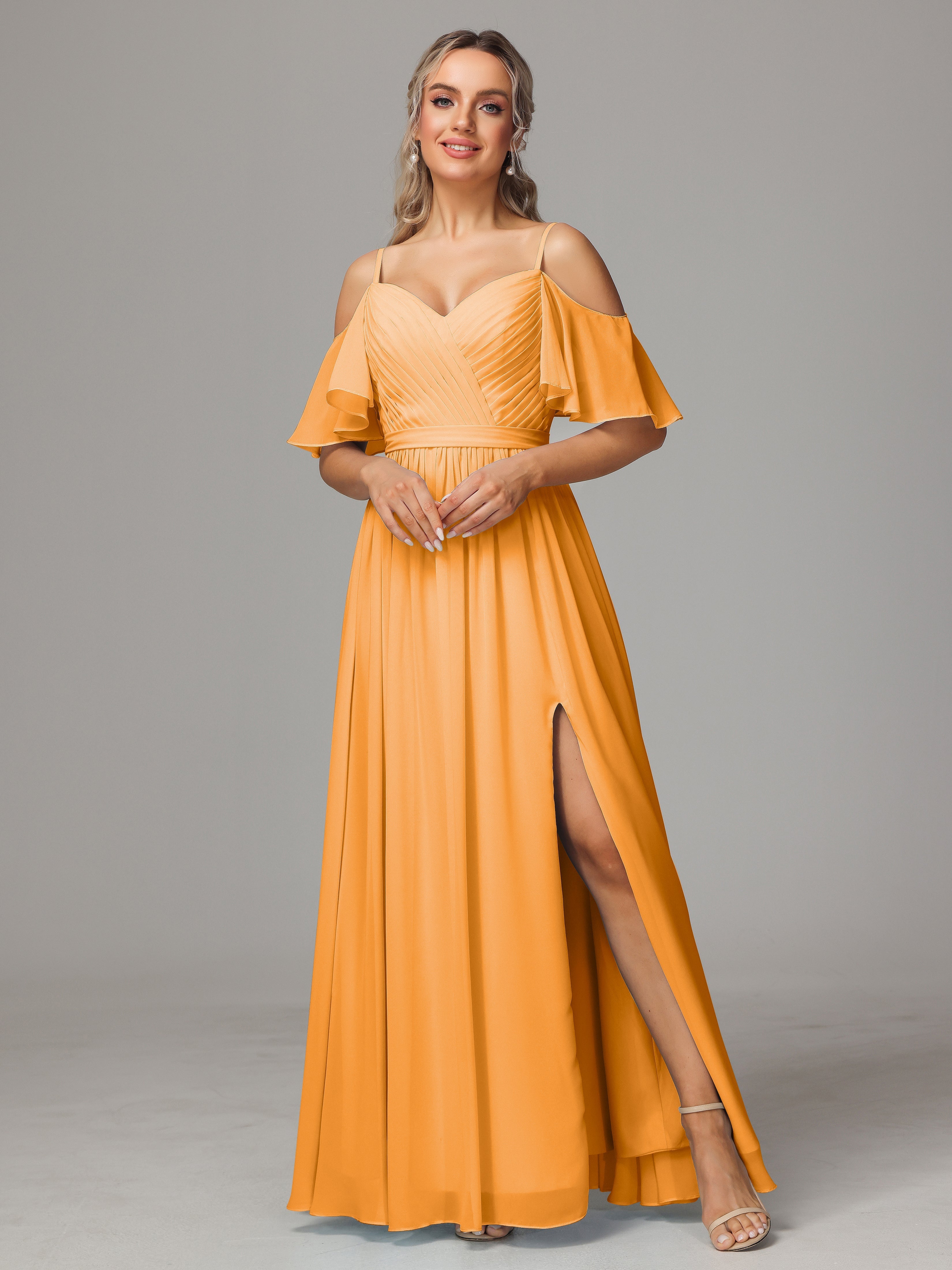 Robes De Demoiselle D'Honneur Mandarine Fendue Trapèze Mousseline Longue Robes Demoiselle D'Honneur Avec Plissé