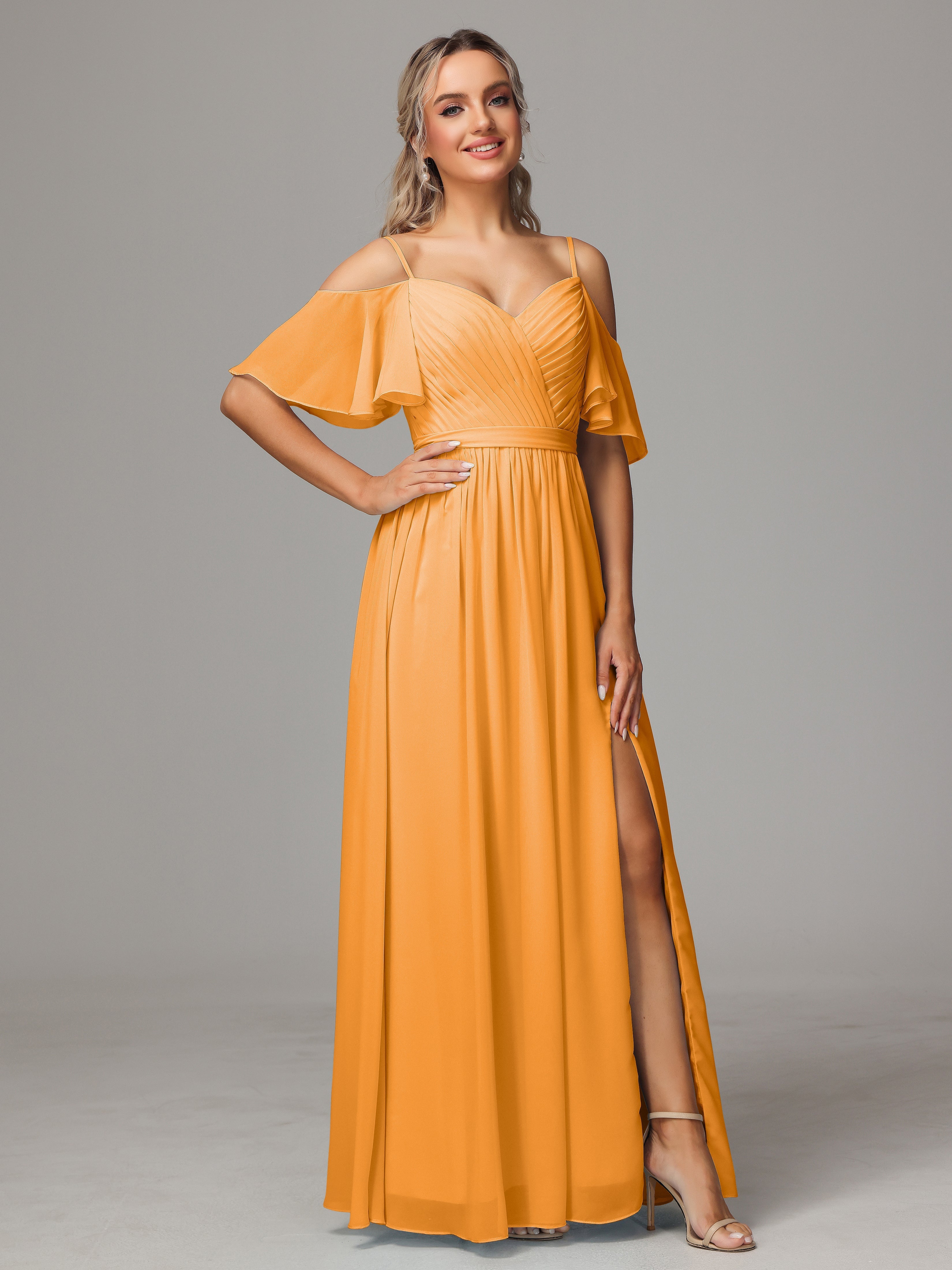 Robes De Demoiselle D'Honneur Mandarine Fendue Trapèze Mousseline Longue Robes Demoiselle D'Honneur Avec Plissé