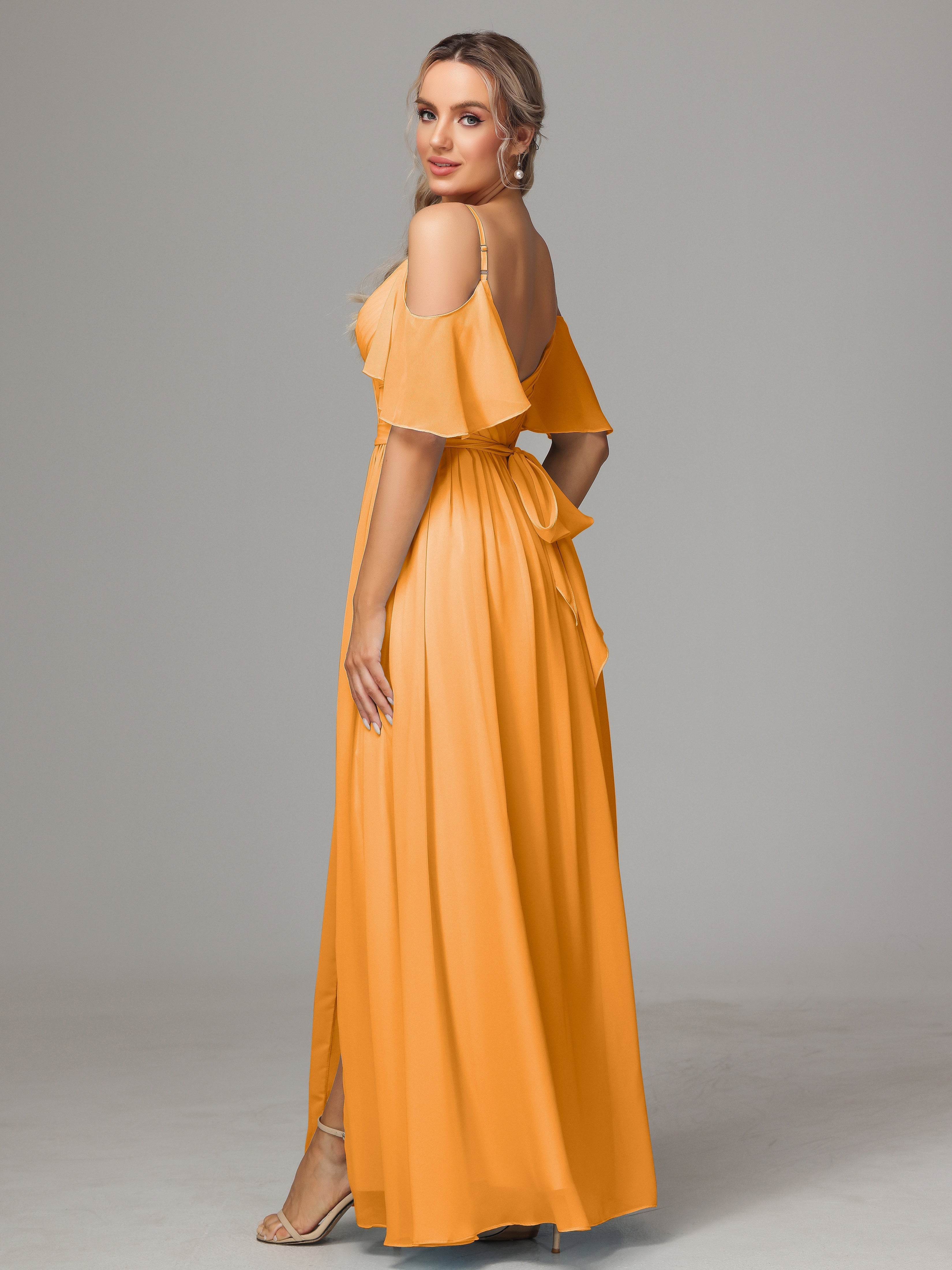 Robes De Demoiselle D'Honneur Mandarine Fendue Trapèze Mousseline Longue Robes Demoiselle D'Honneur Avec Plissé