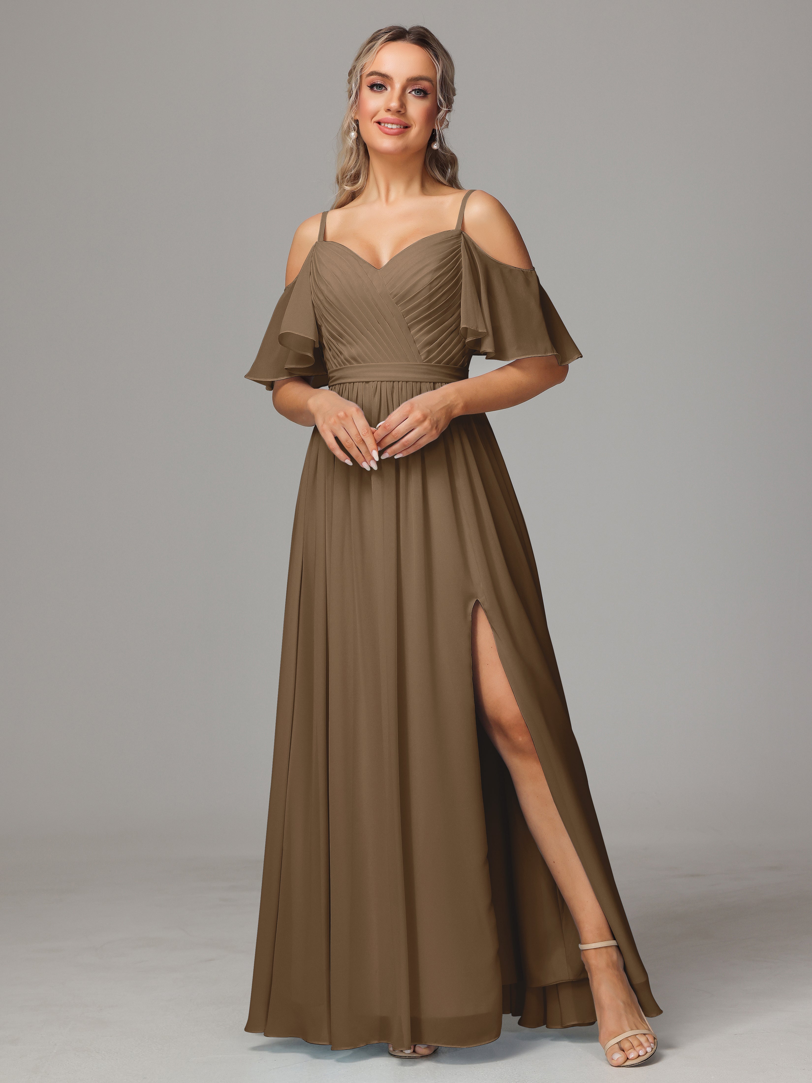 Robe Demoiselle D Honneur Moka Accueil Froid Fendue Trapèze Mousseline Longue Robes Demoiselle D'Honneur Avec Plissé