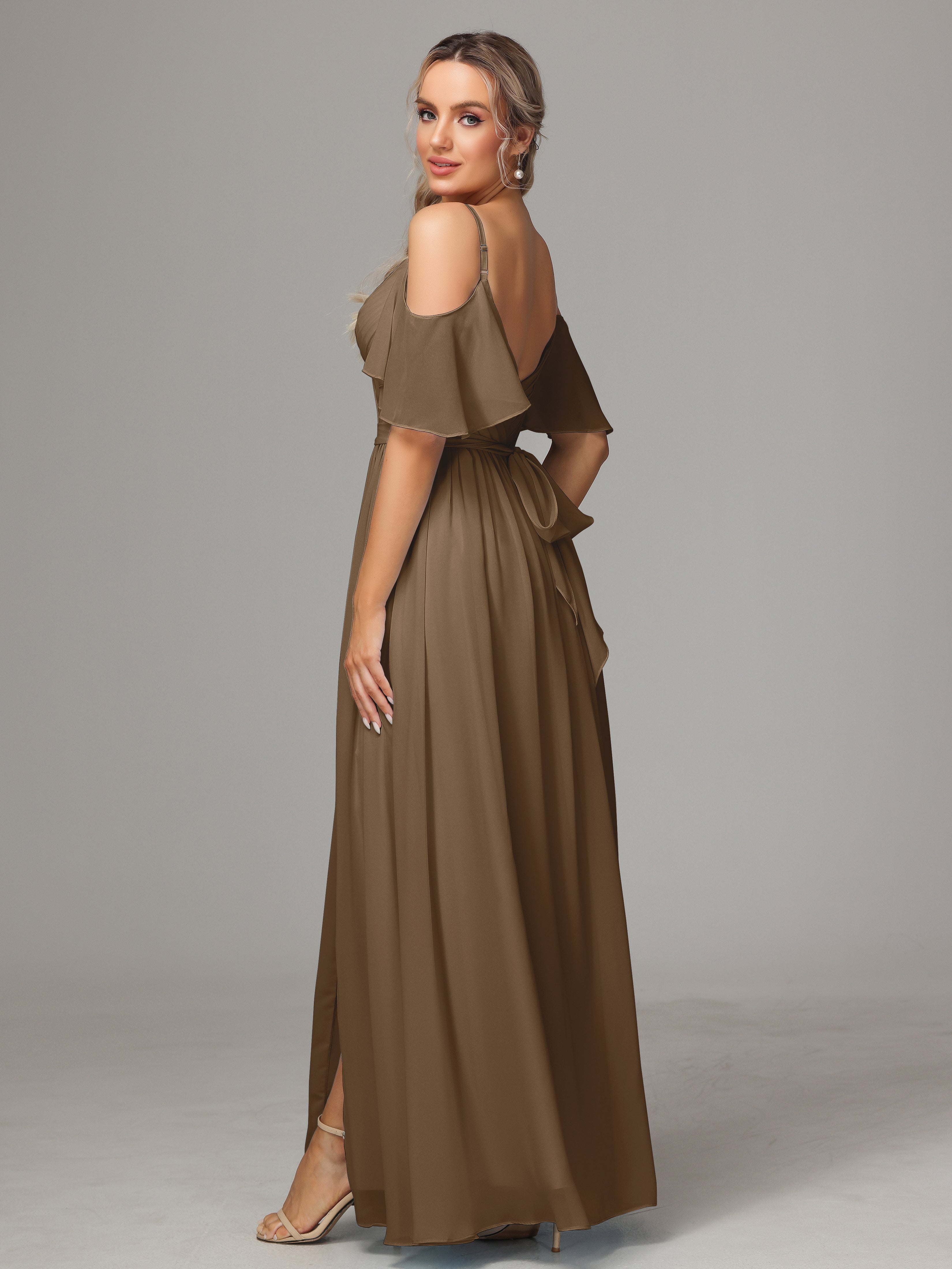 Robe Demoiselle D Honneur Moka Accueil Froid Fendue Trapèze Mousseline Longue Robes Demoiselle D'Honneur Avec Plissé