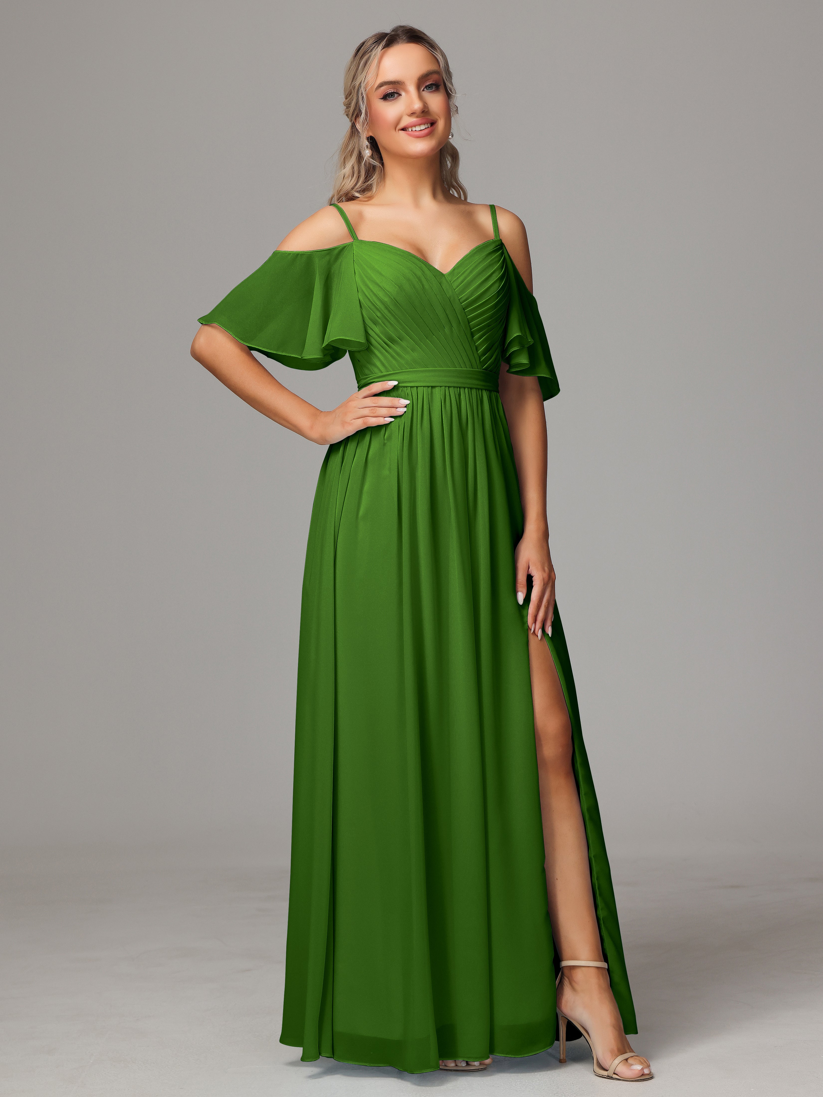 Robes De Demoiselle D'Honneur Vert Mousse Fendue Trapèze Mousseline Longue Robes Demoiselle D'Honneur Avec Plissé