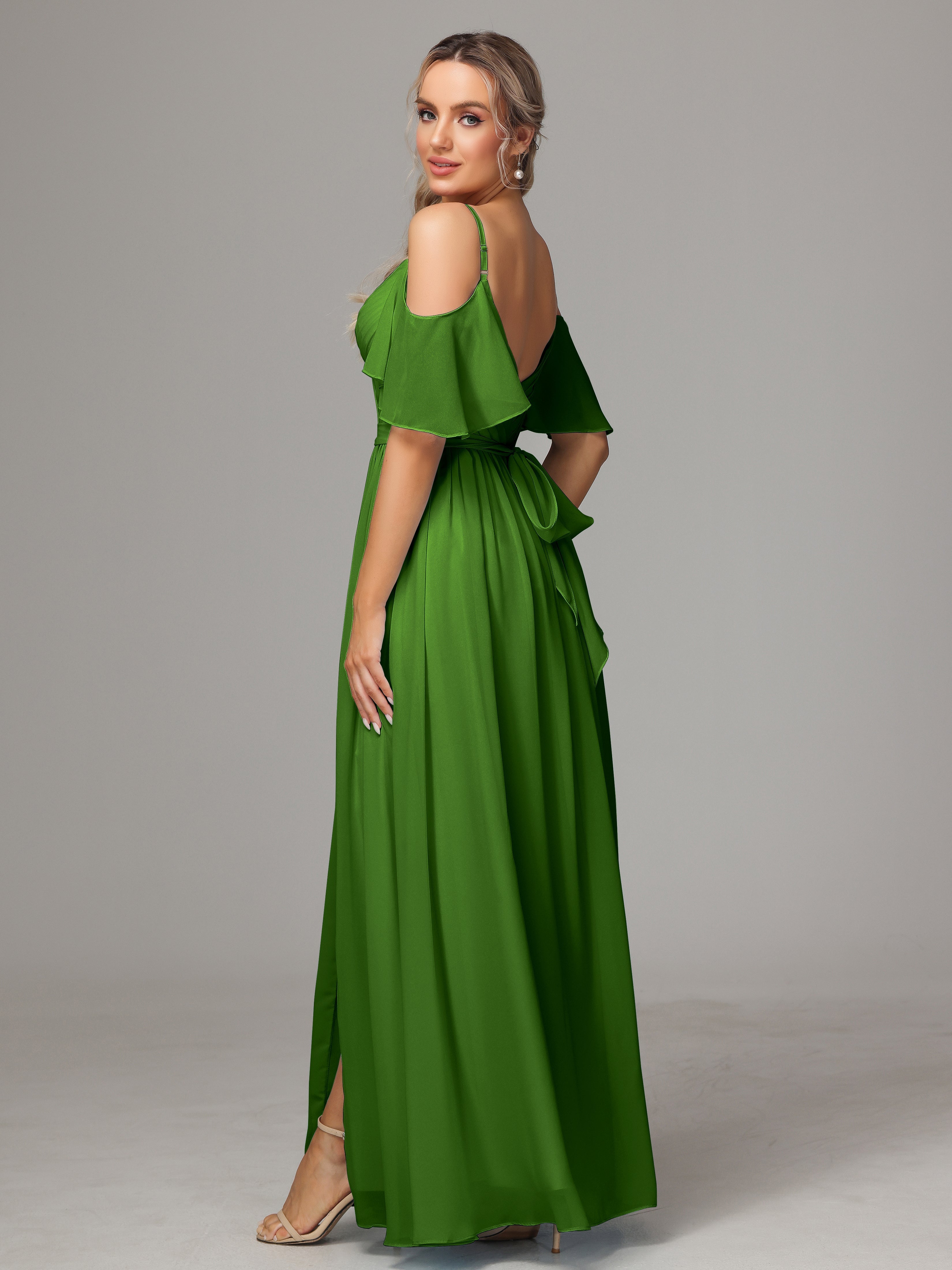 Robes De Demoiselle D'Honneur Vert Mousse Fendue Trapèze Mousseline Longue Robes Demoiselle D'Honneur Avec Plissé