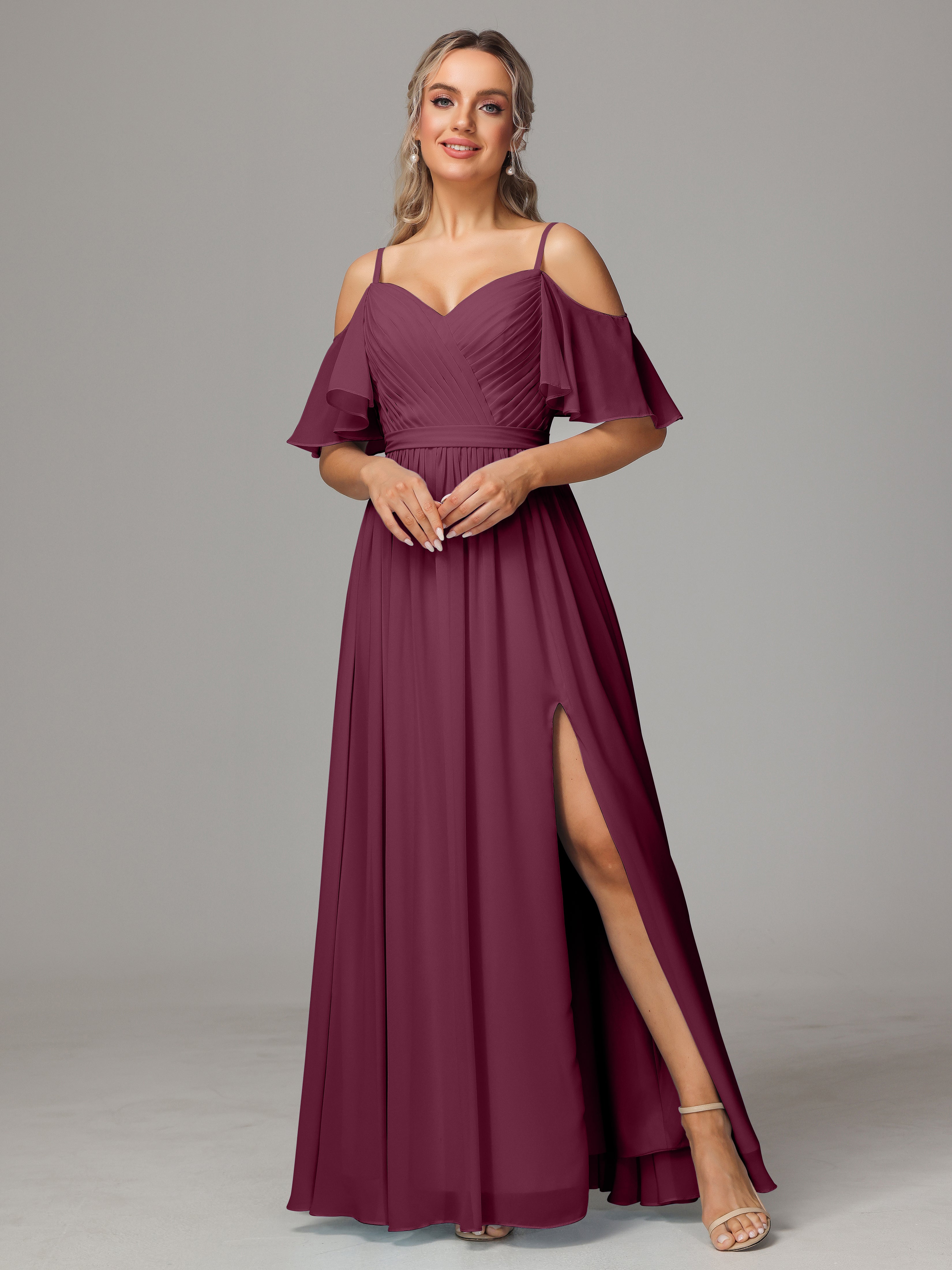 Robes De Demoiselle D'Honneur Mûre Fendue Trapèze Mousseline Longue Robes Demoiselle D'Honneur Avec Plissé