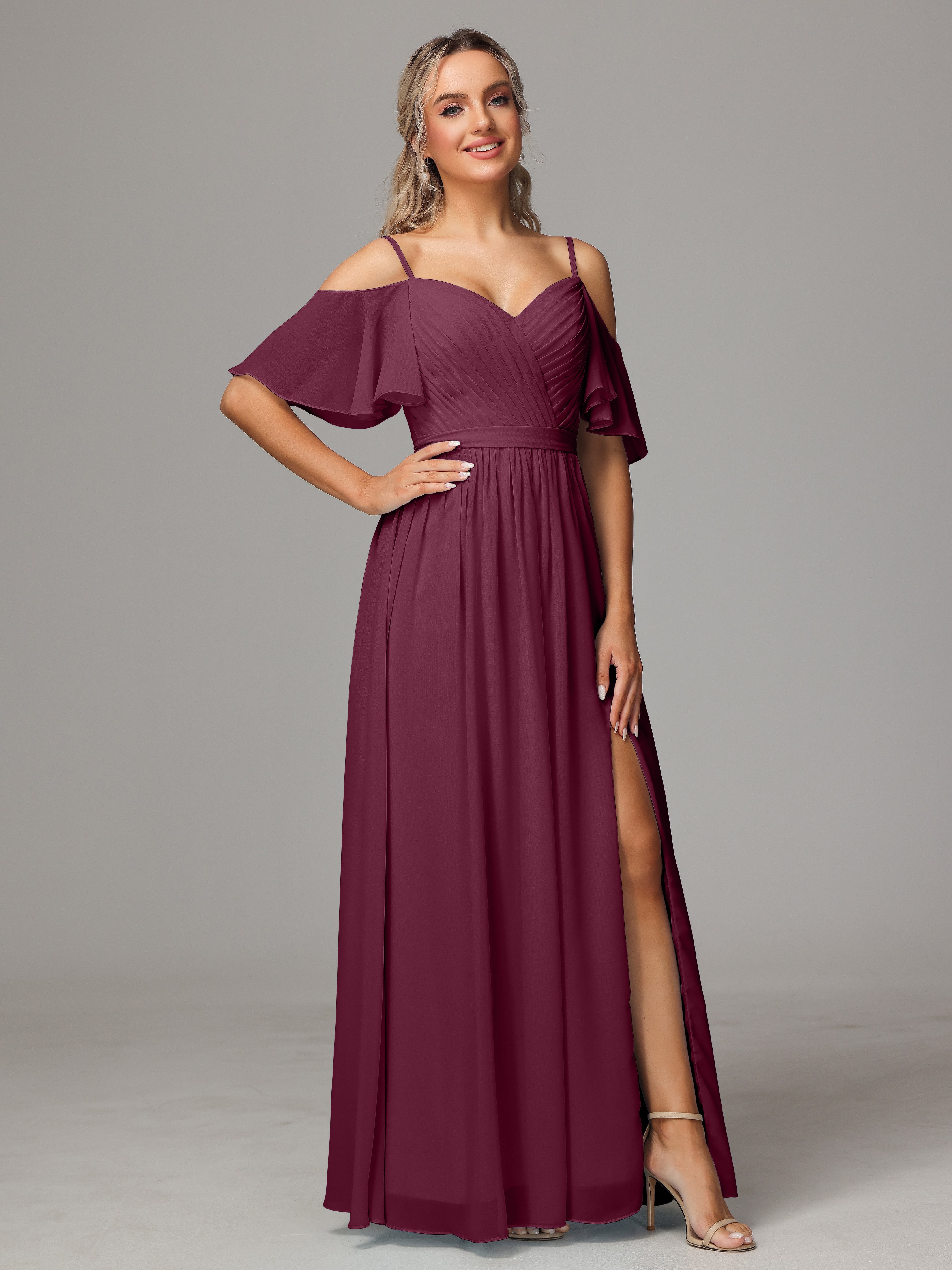 Robes De Demoiselle D'Honneur Mûre Fendue Trapèze Mousseline Longue Robes Demoiselle D'Honneur Avec Plissé