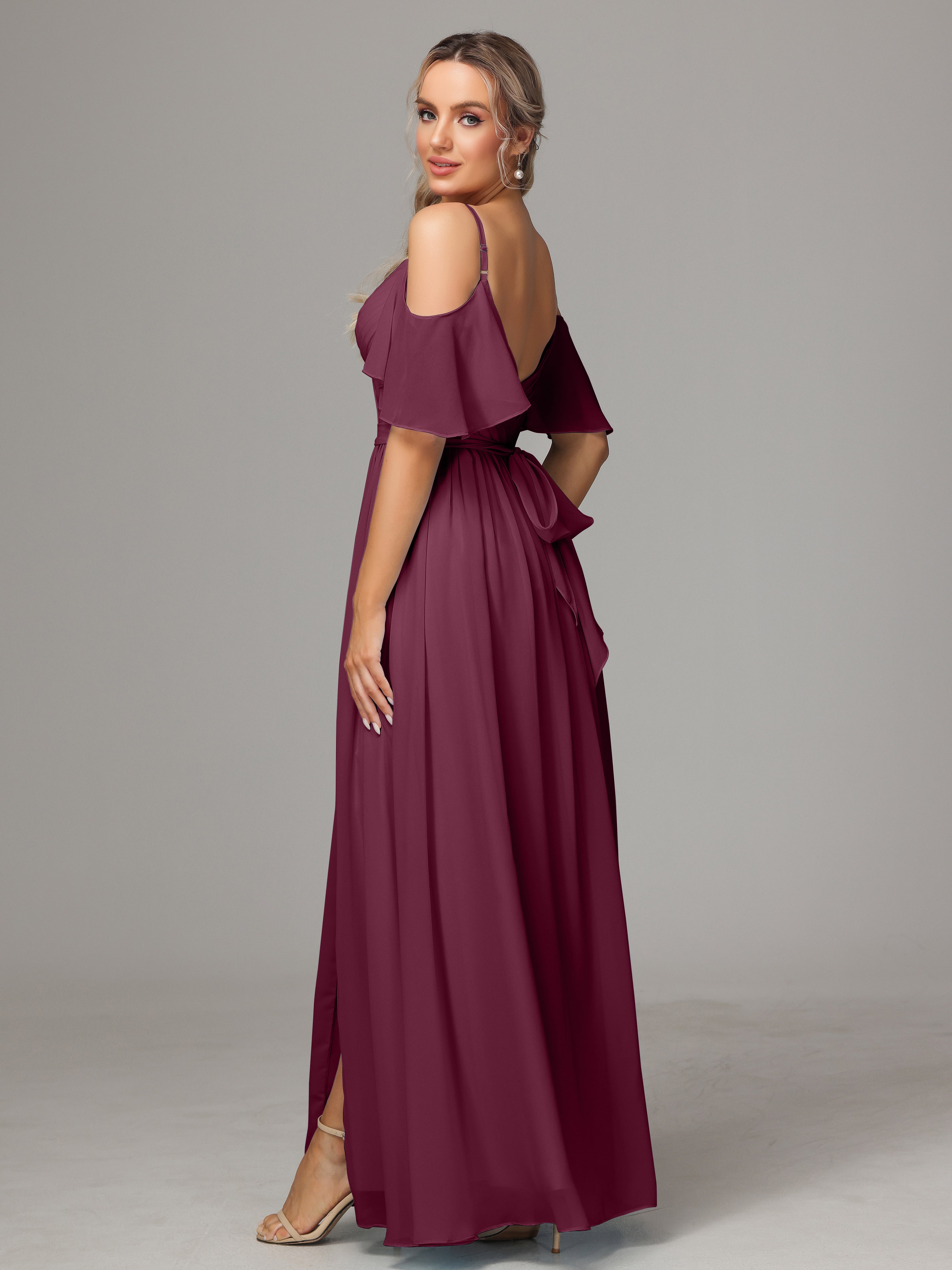Robes De Demoiselle D'Honneur Mûre Fendue Trapèze Mousseline Longue Robes Demoiselle D'Honneur Avec Plissé