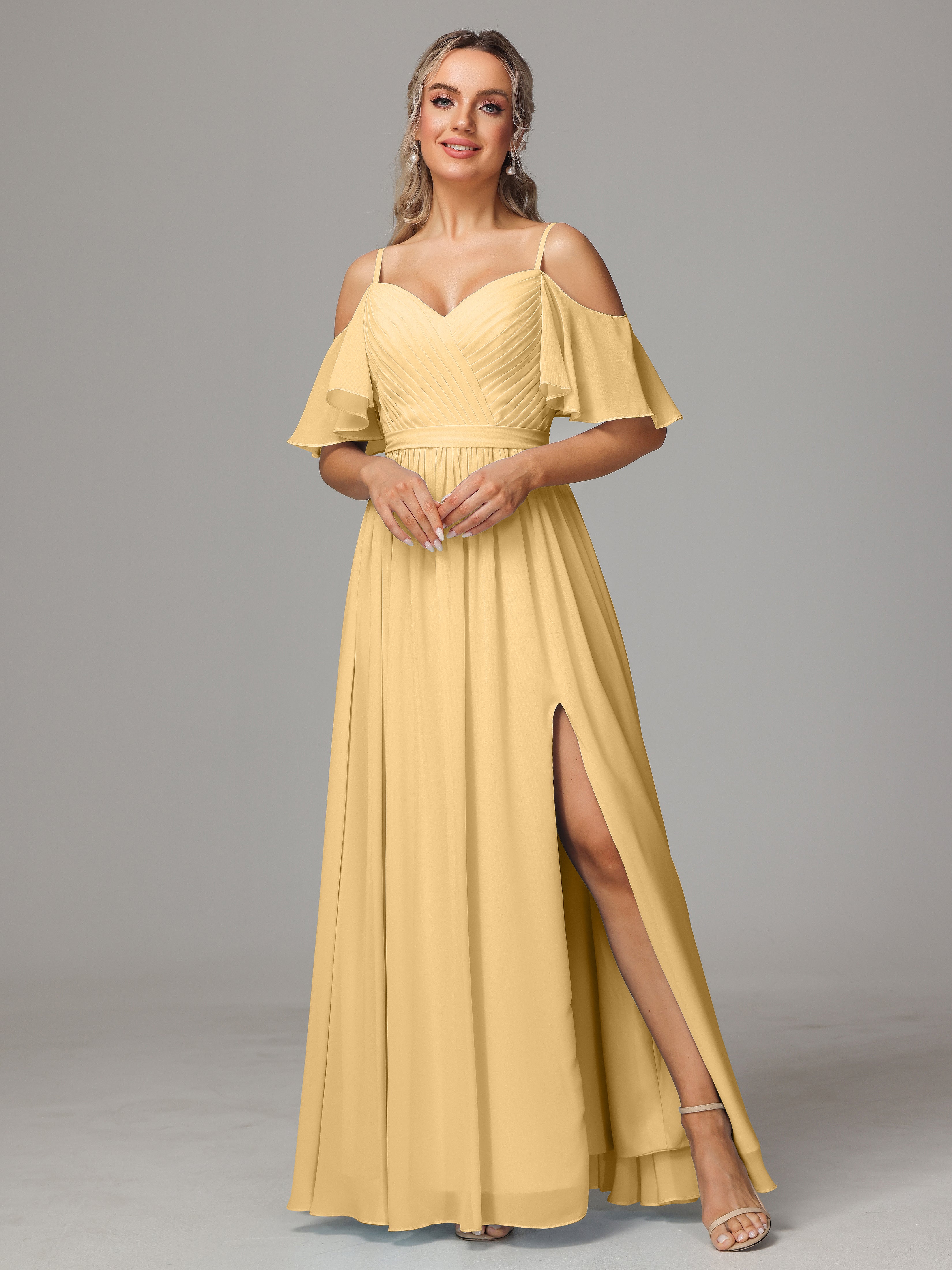 Robes De Demoiselle D'Honneur Courtes En Or Avec Plissé Fendue Trapèze Mousseline Longue
