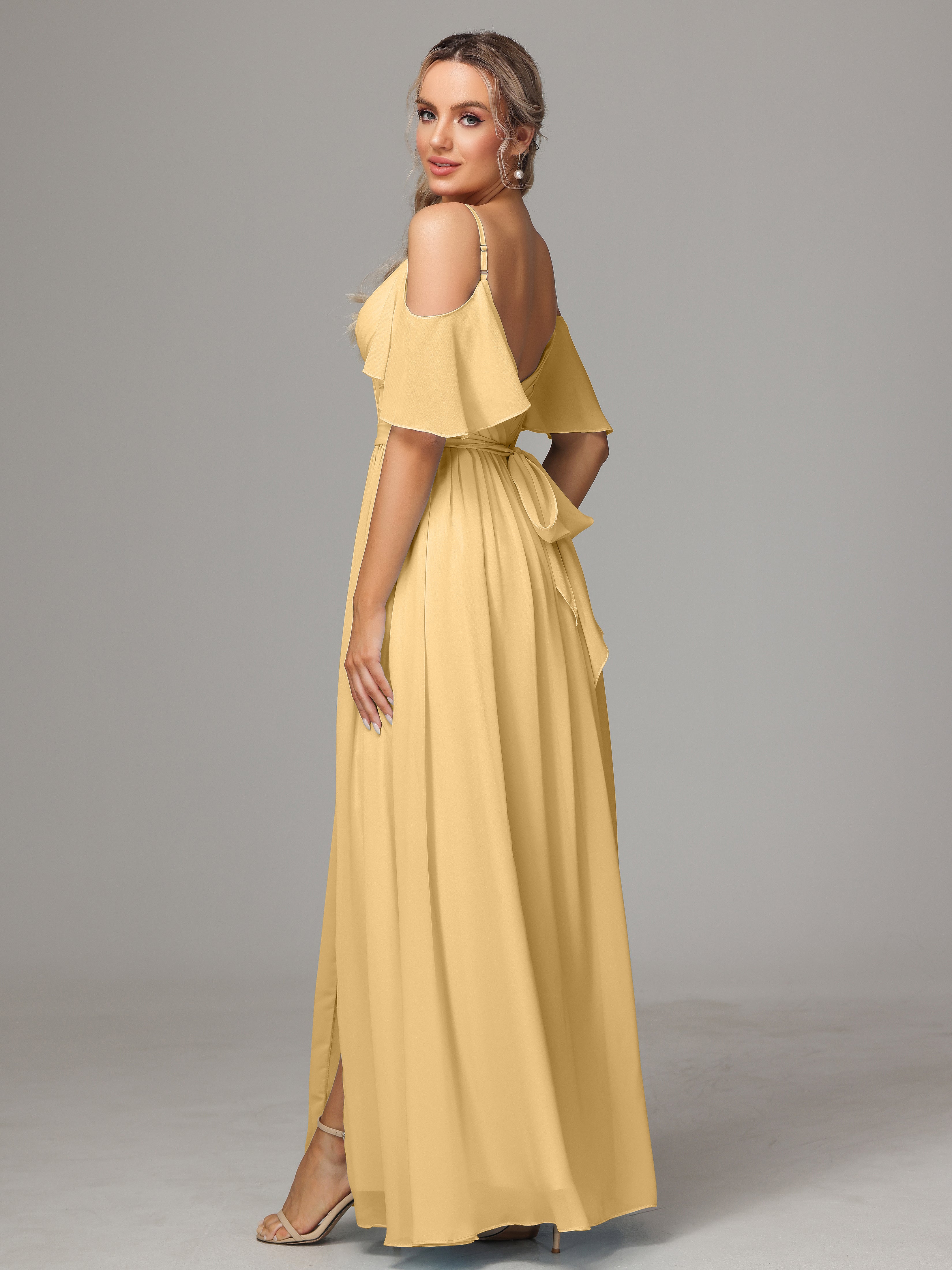 Robes De Demoiselle D'Honneur Courtes En Or Avec Plissé Fendue Trapèze Mousseline Longue