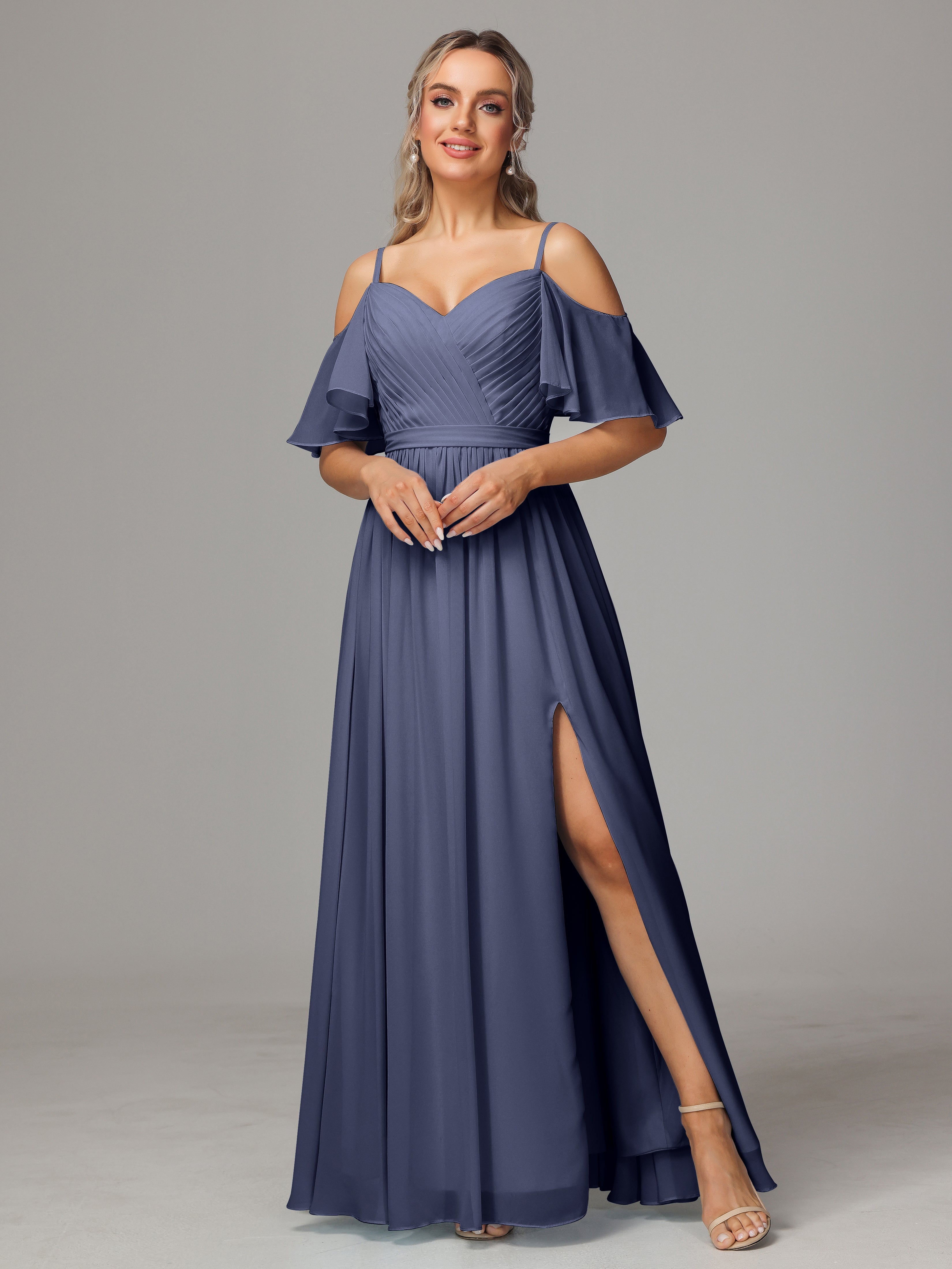 Robes De Demoiselle D'Honneur Bleu Orageux Avec Plissé Fendue Trapèze Mousseline Longue