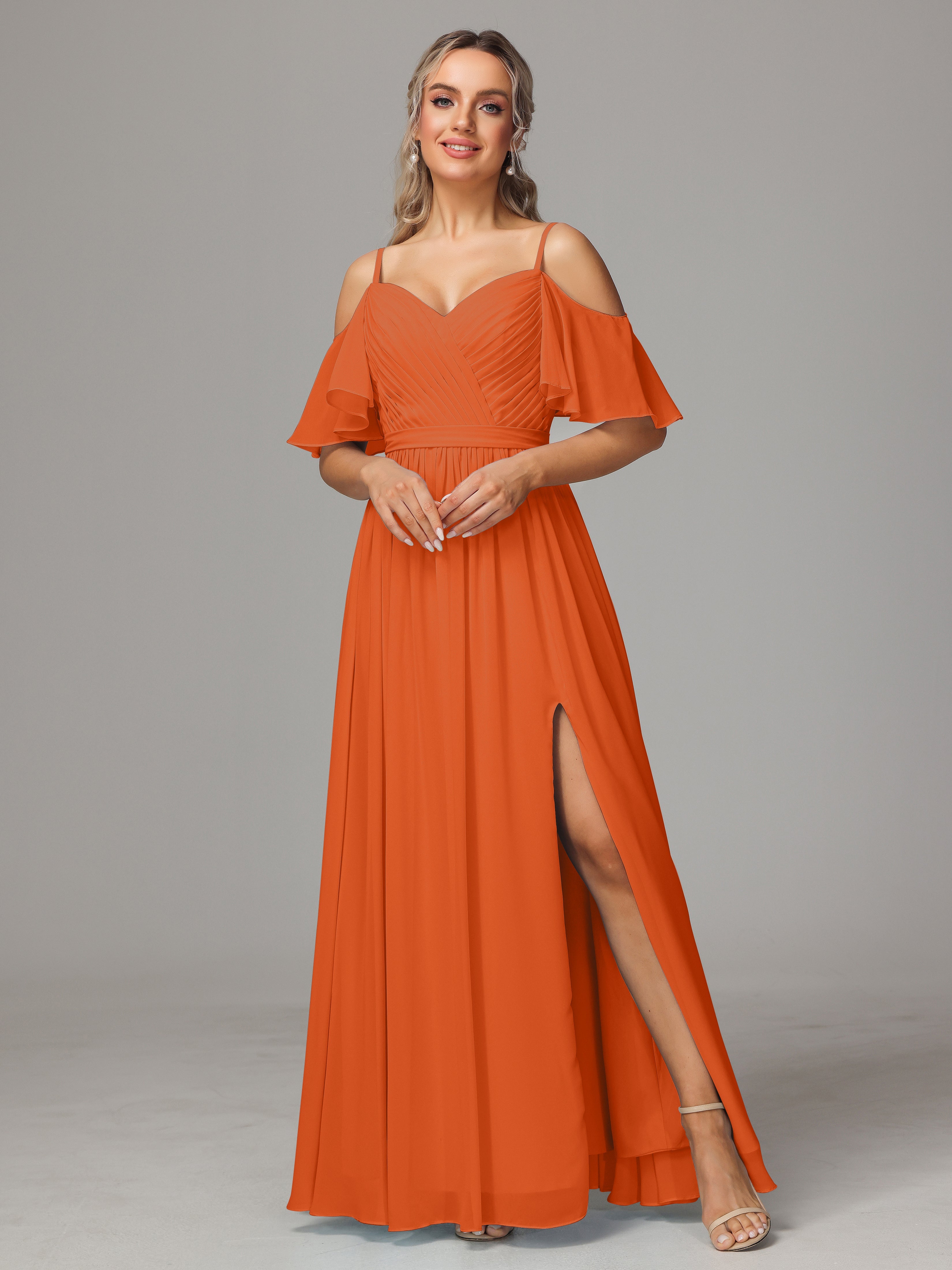 Robes De Demoiselle D'Honneur Orange Foncé Accueil Froid Fendue Trapèze Mousseline Longue Robes Demoiselle D'Honneur Avec Plissé