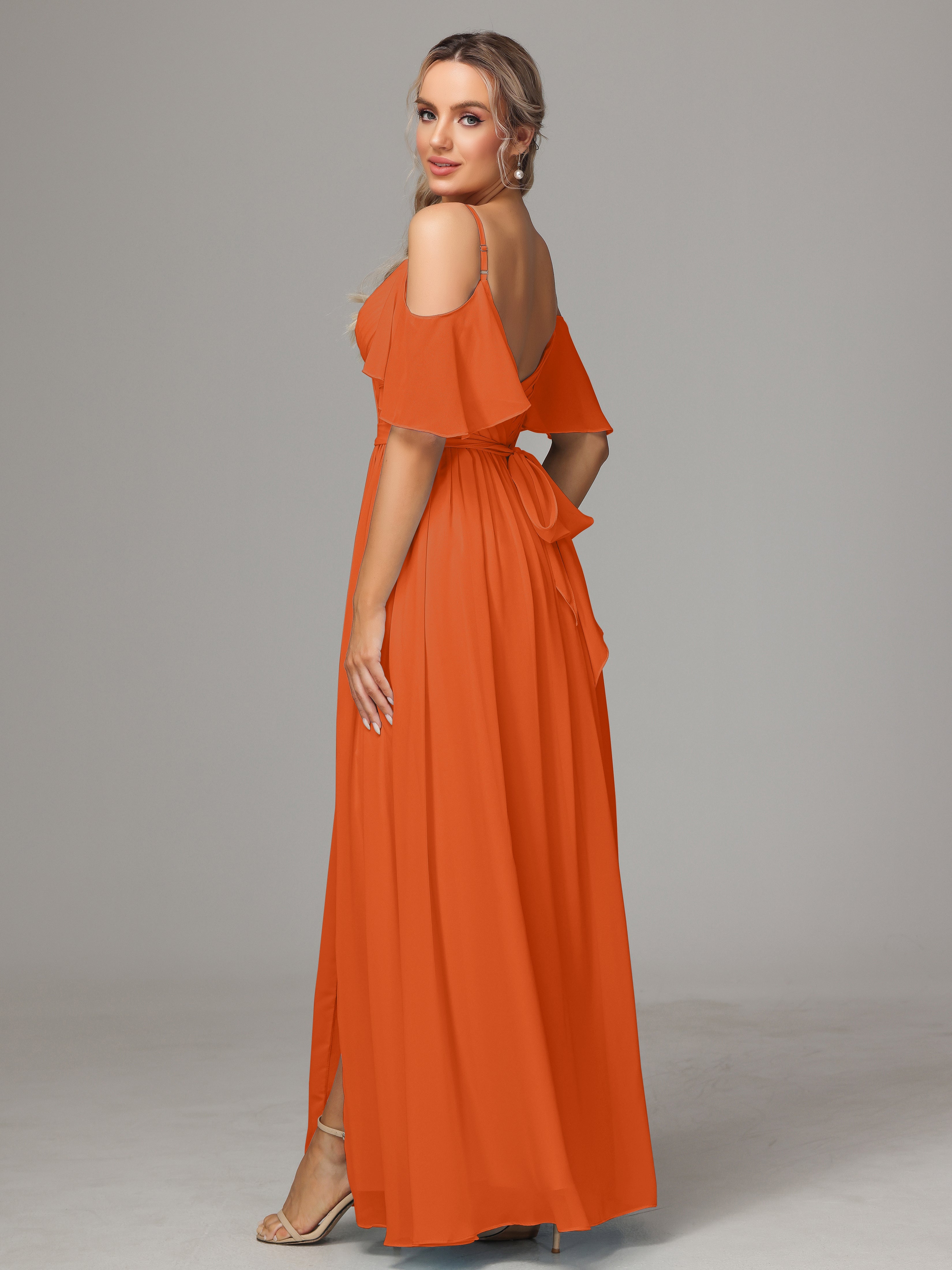 Robes De Demoiselle D'Honneur Orange Foncé Accueil Froid Fendue Trapèze Mousseline Longue Robes Demoiselle D'Honneur Avec Plissé